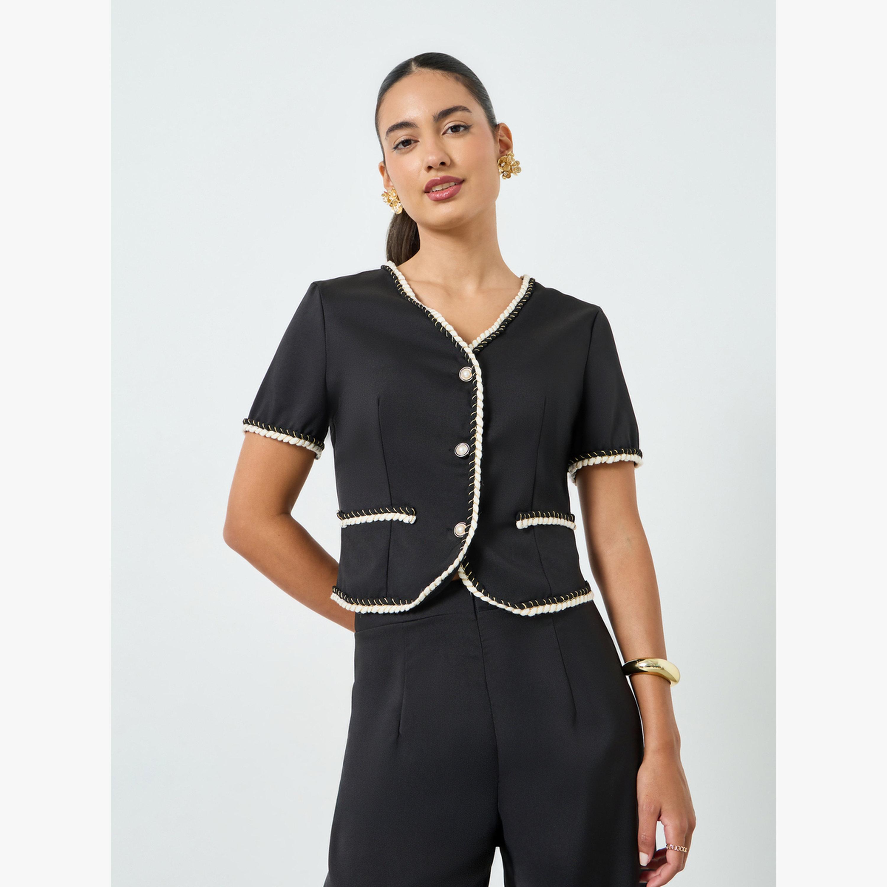 طقم منسق من بنطال بأرجل مستقيمة وبلوزة بأزرار أمامية-women-clothing-coordsets-image-3