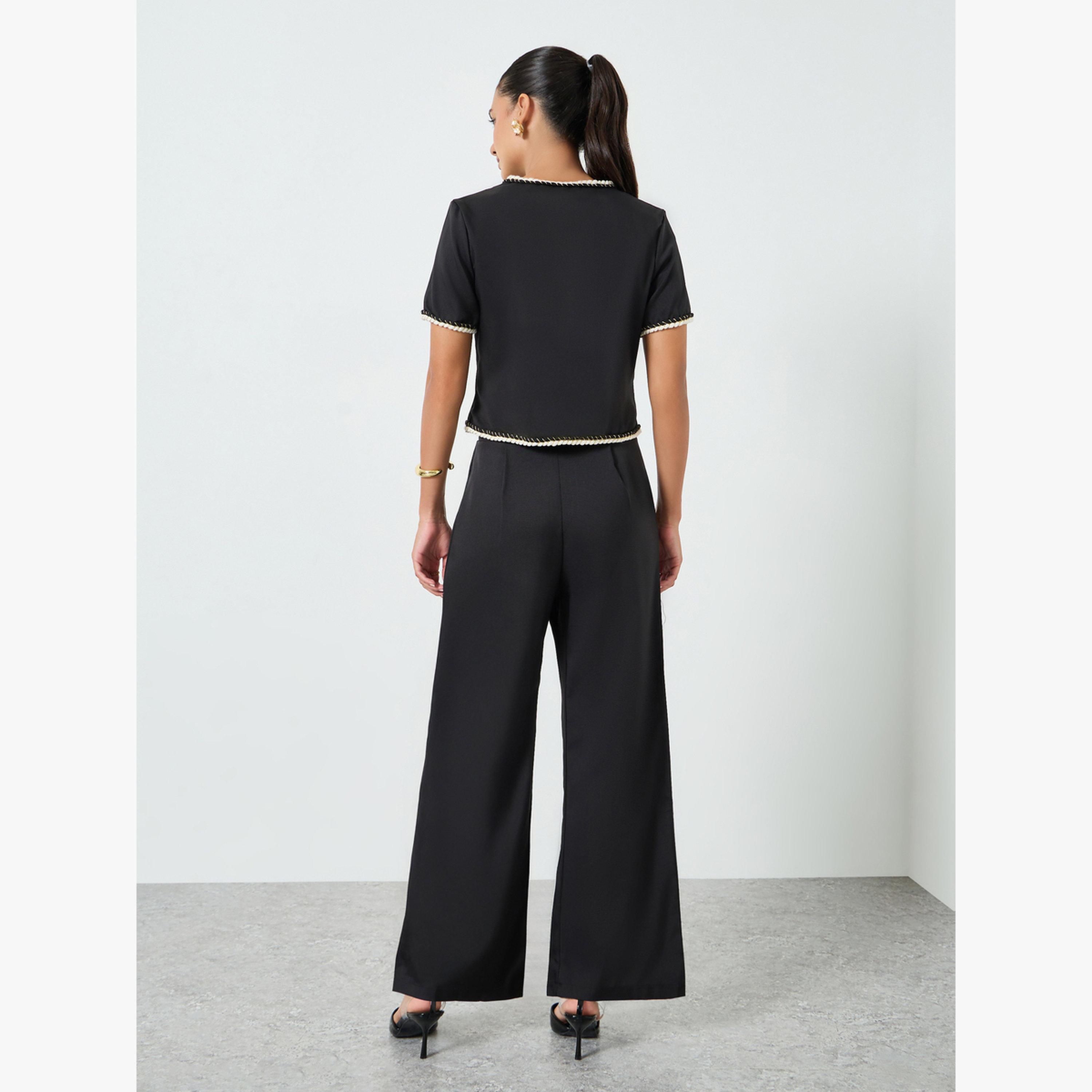 Take Two Black Button Front Contrast Piping Top and Straight Leg Pants Co-Ords-women-clothing-coordsets-image-4
