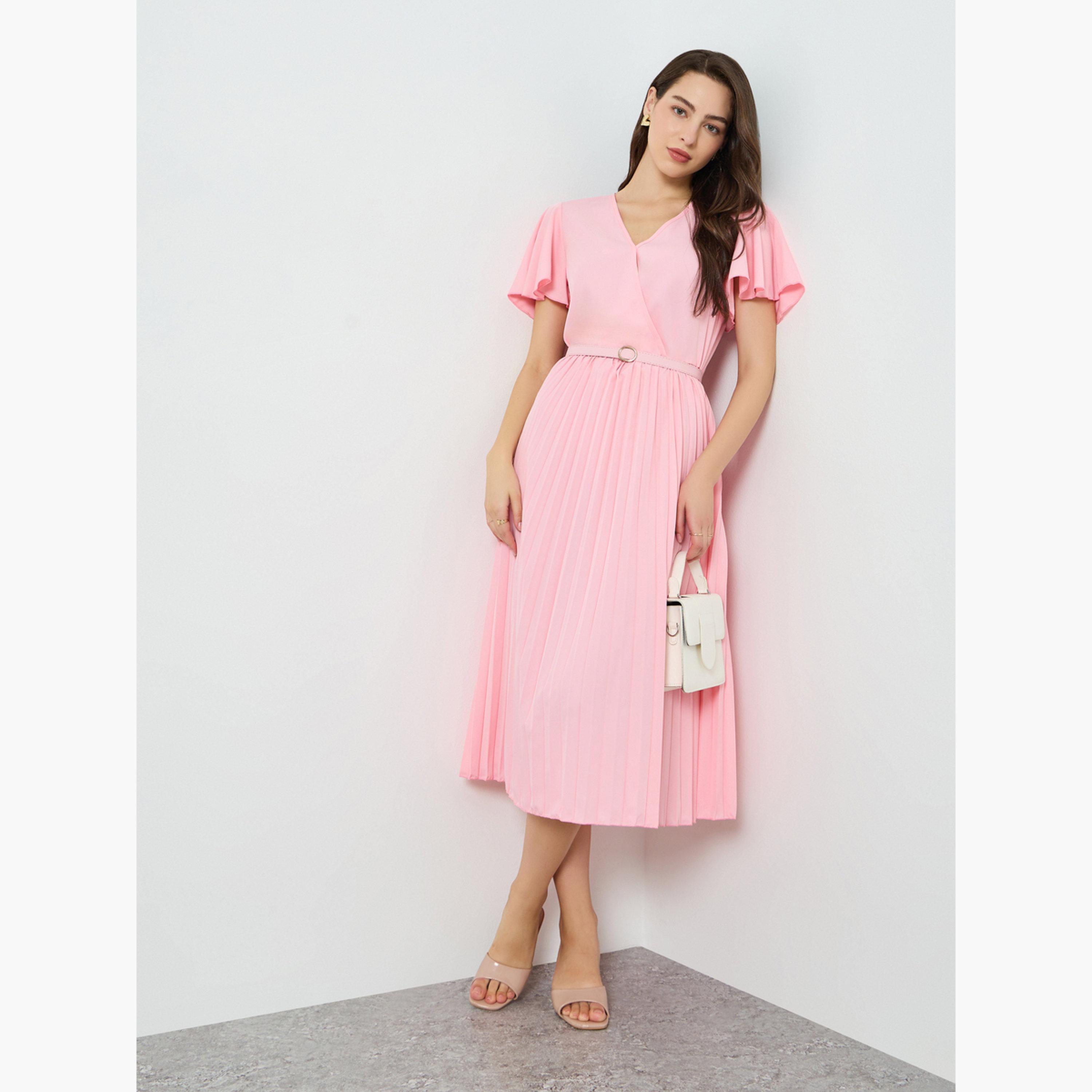 Take Two Women Pink Frill Sleeve Pleated Midi Dress-women-clothing-dresses-image-1