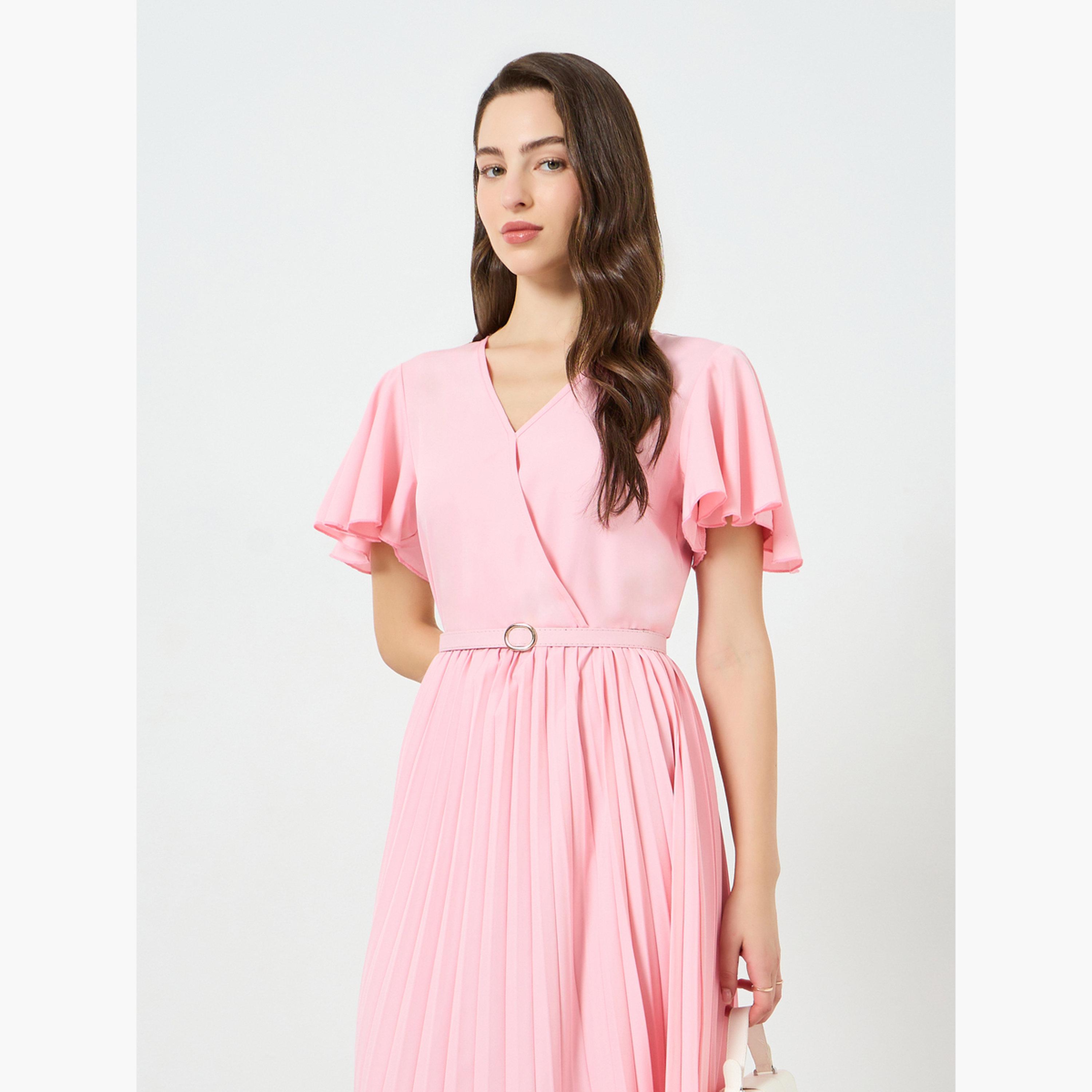 Take Two Women Pink Frill Sleeve Pleated Midi Dress-women-clothing-dresses-image-2