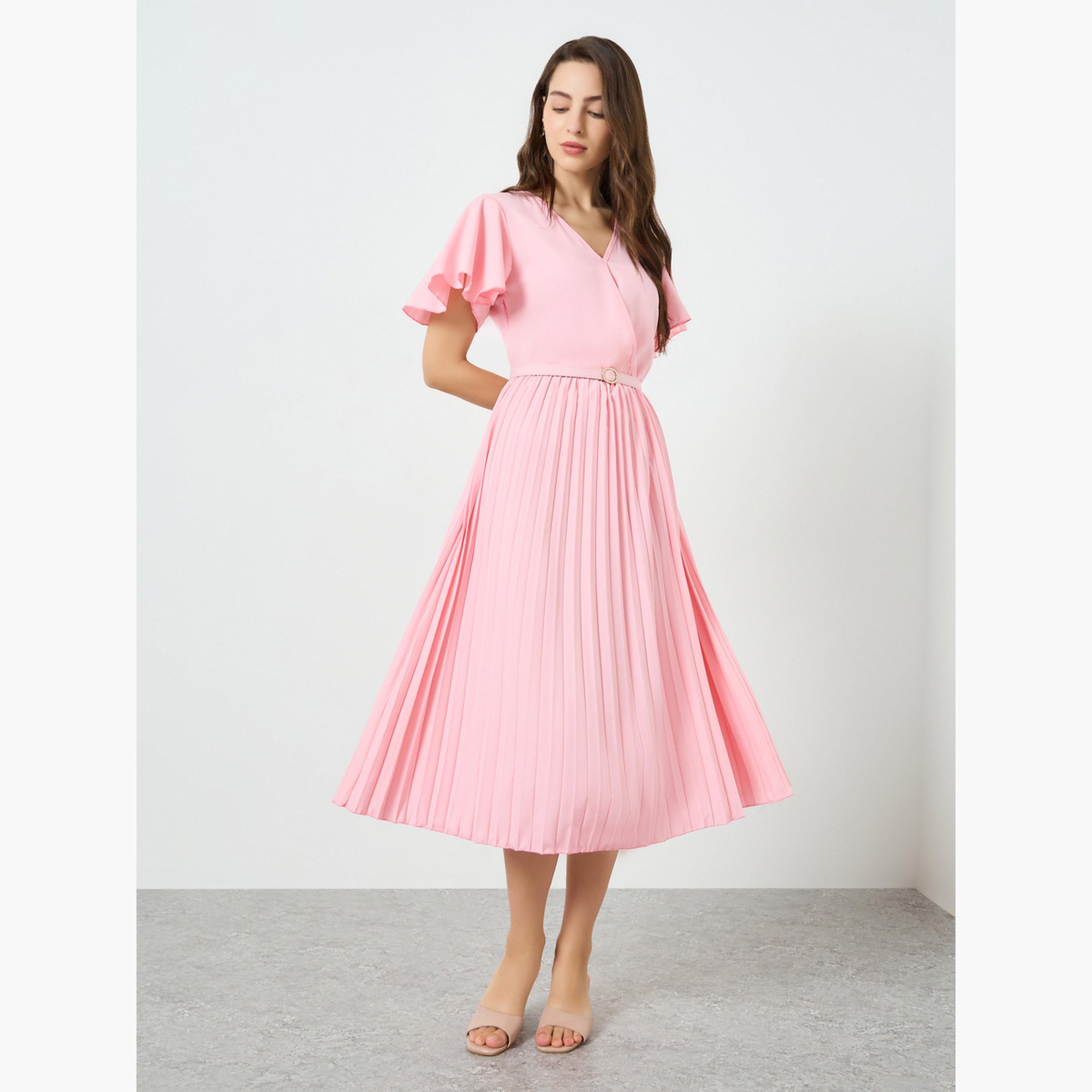 Take Two Women Pink Frill Sleeve Pleated Midi Dress-women-clothing-dresses-image-3