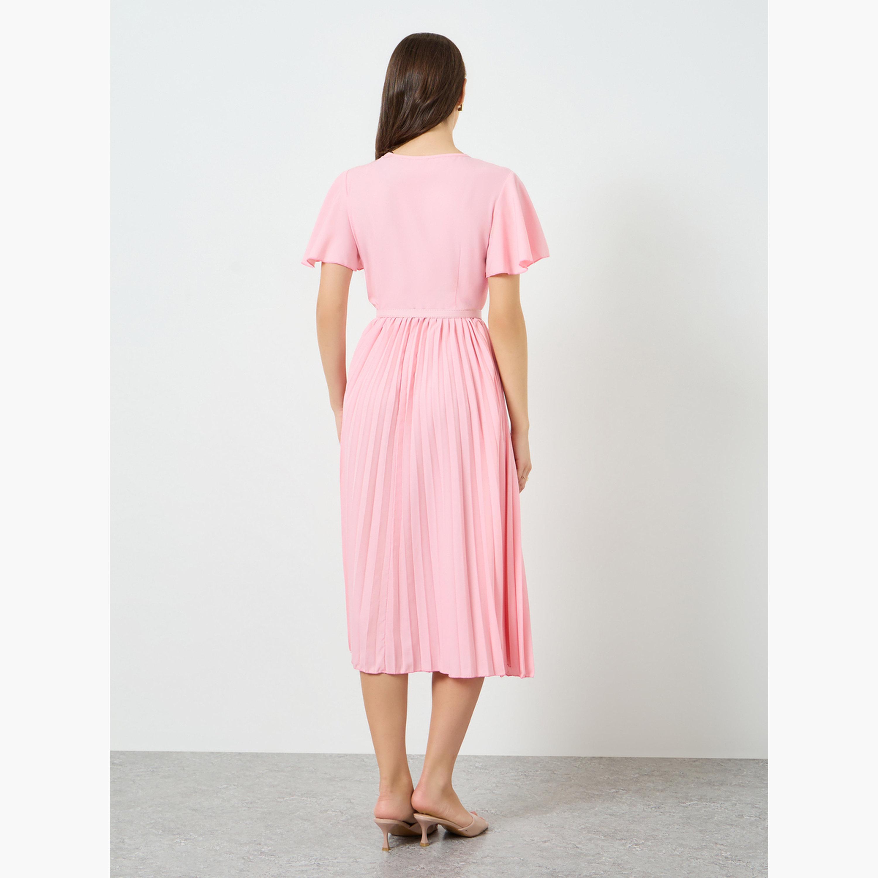 Take Two Women Pink Frill Sleeve Pleated Midi Dress-women-clothing-dresses-image-4