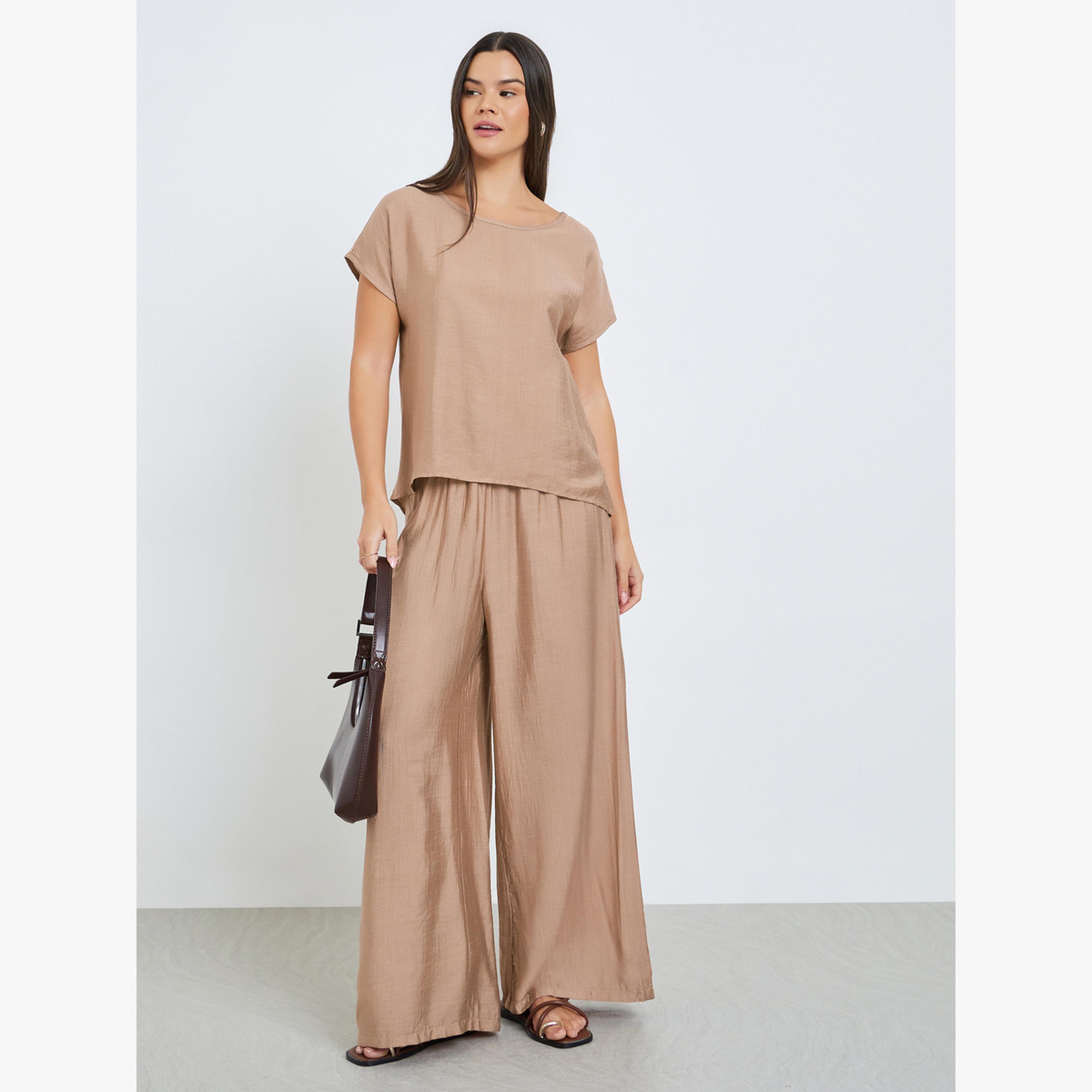 Take Two Beige Solid Top and Wide Leg Pants Co-ords-women-clothing-coordsets-image-1