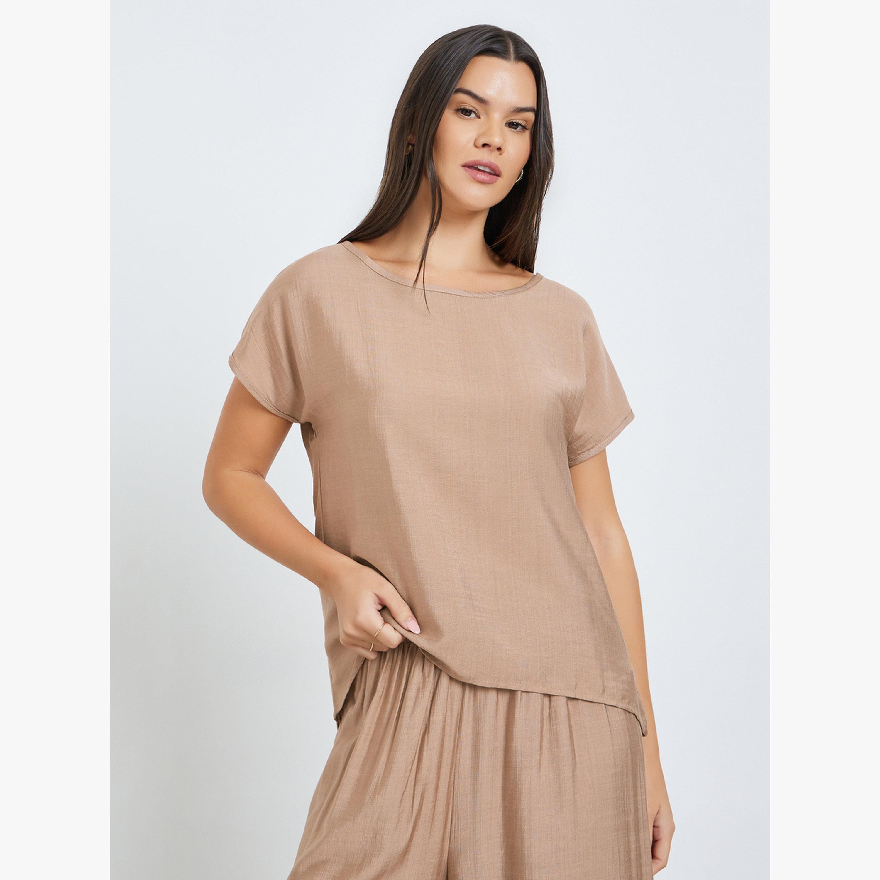 طقم منسق من بنطال بأرجل واسعة وبلوزة سادة-women-clothing-coordsets-image-2