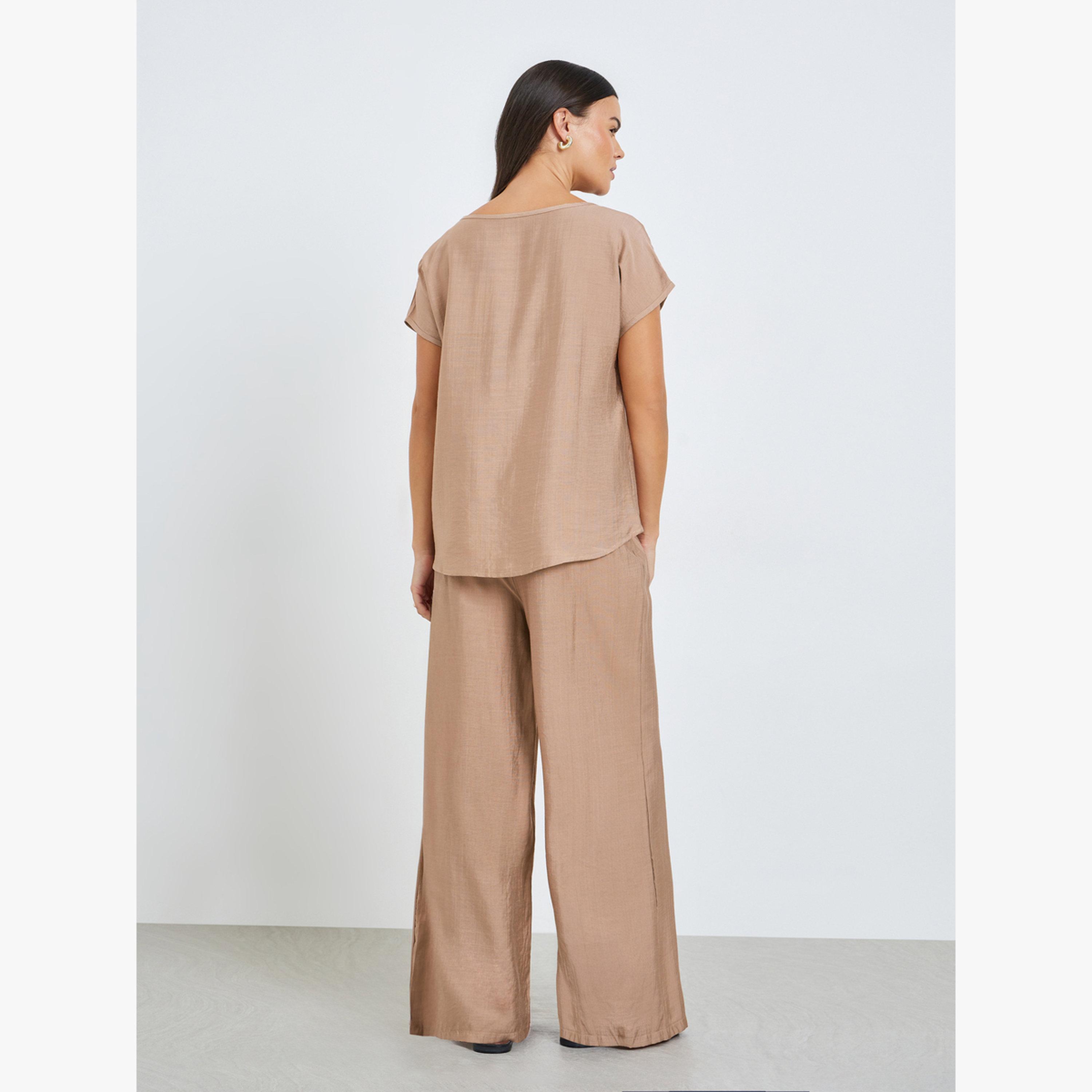 Take Two Beige Solid Top and Wide Leg Pants Co-ords-women-clothing-coordsets-image-3