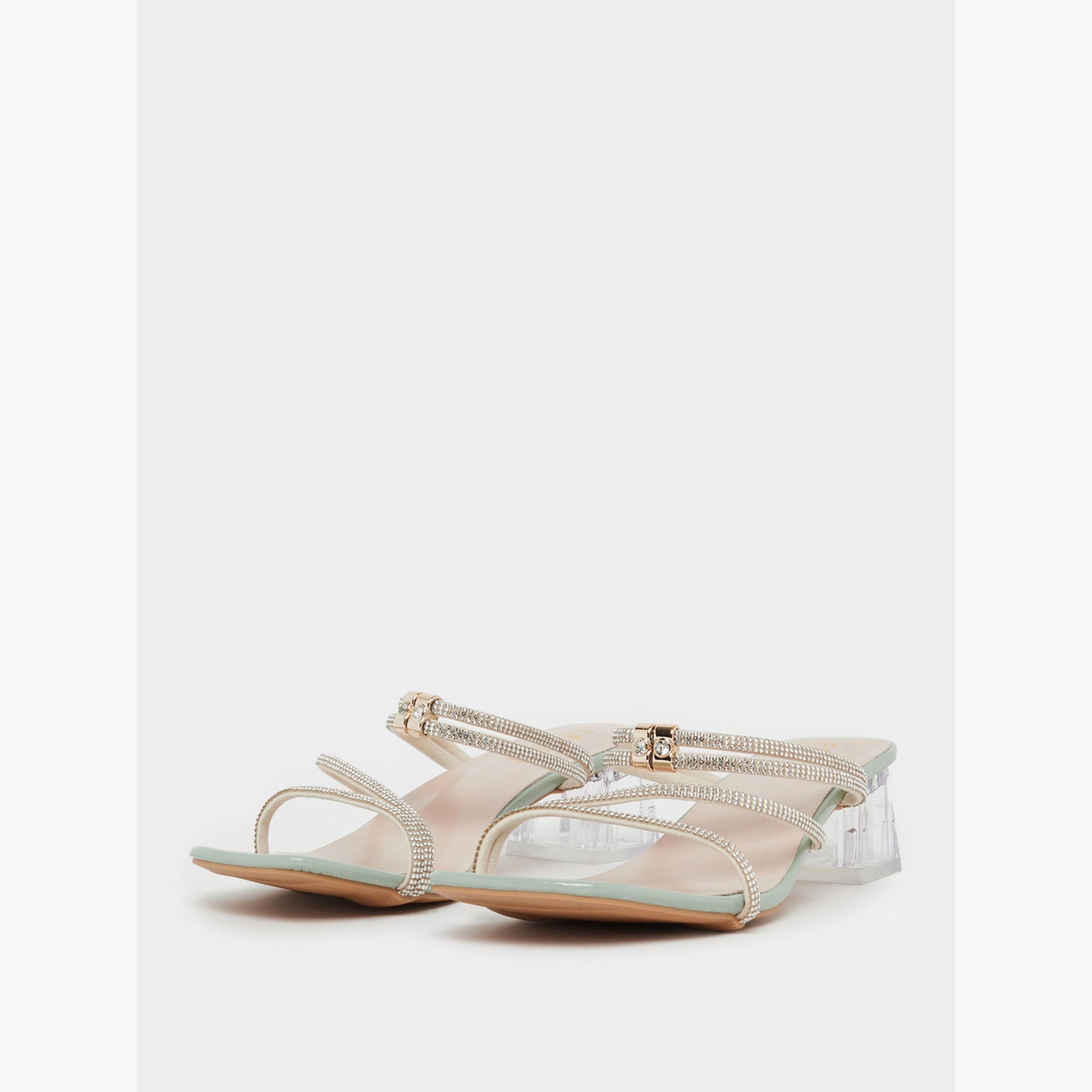 Take Two Green Rhinestone Strap Block Heel Sandals-women-shoes-sandals-heeled-image-1