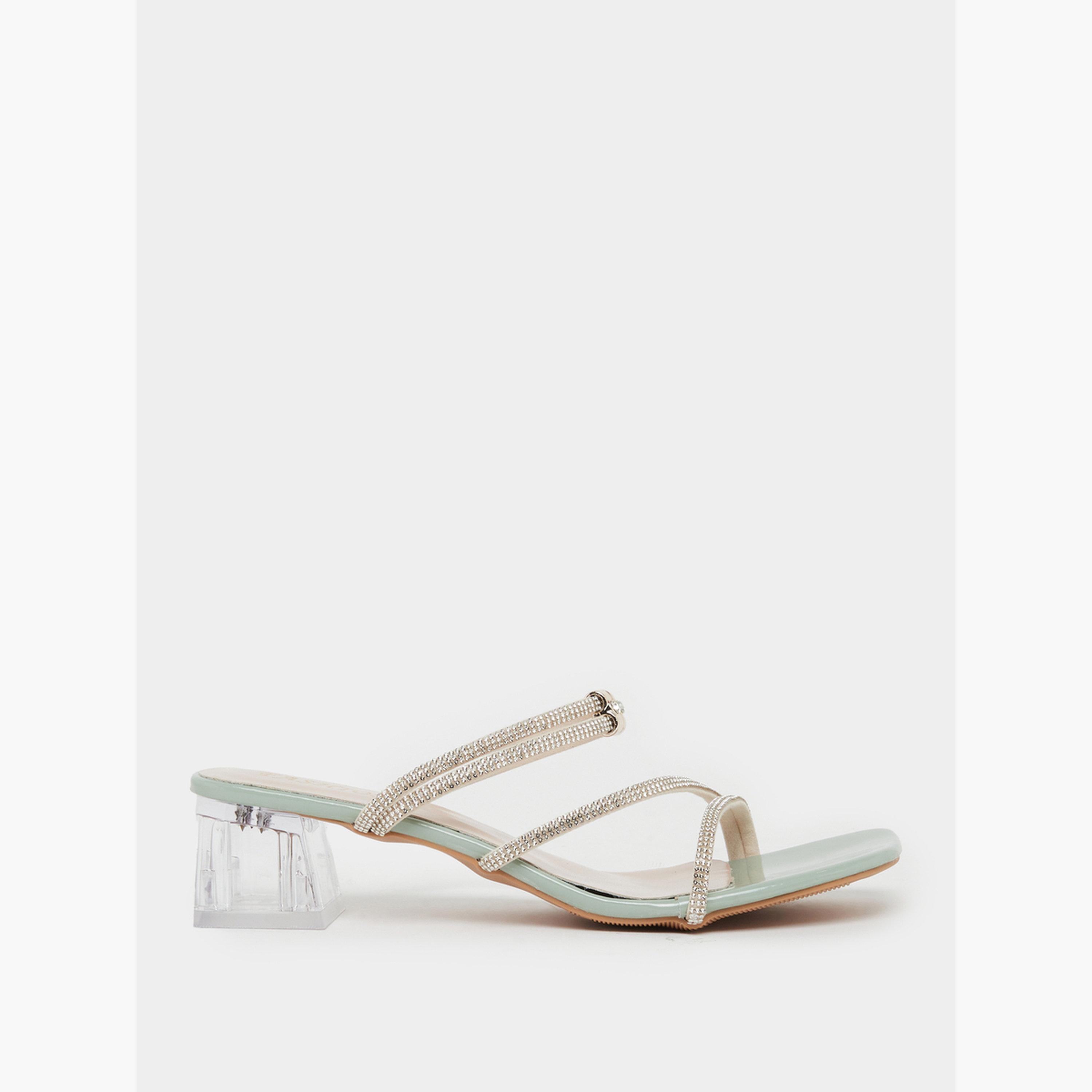 Take Two Green Rhinestone Strap Block Heel Sandals-women-shoes-sandals-heeled-image-2