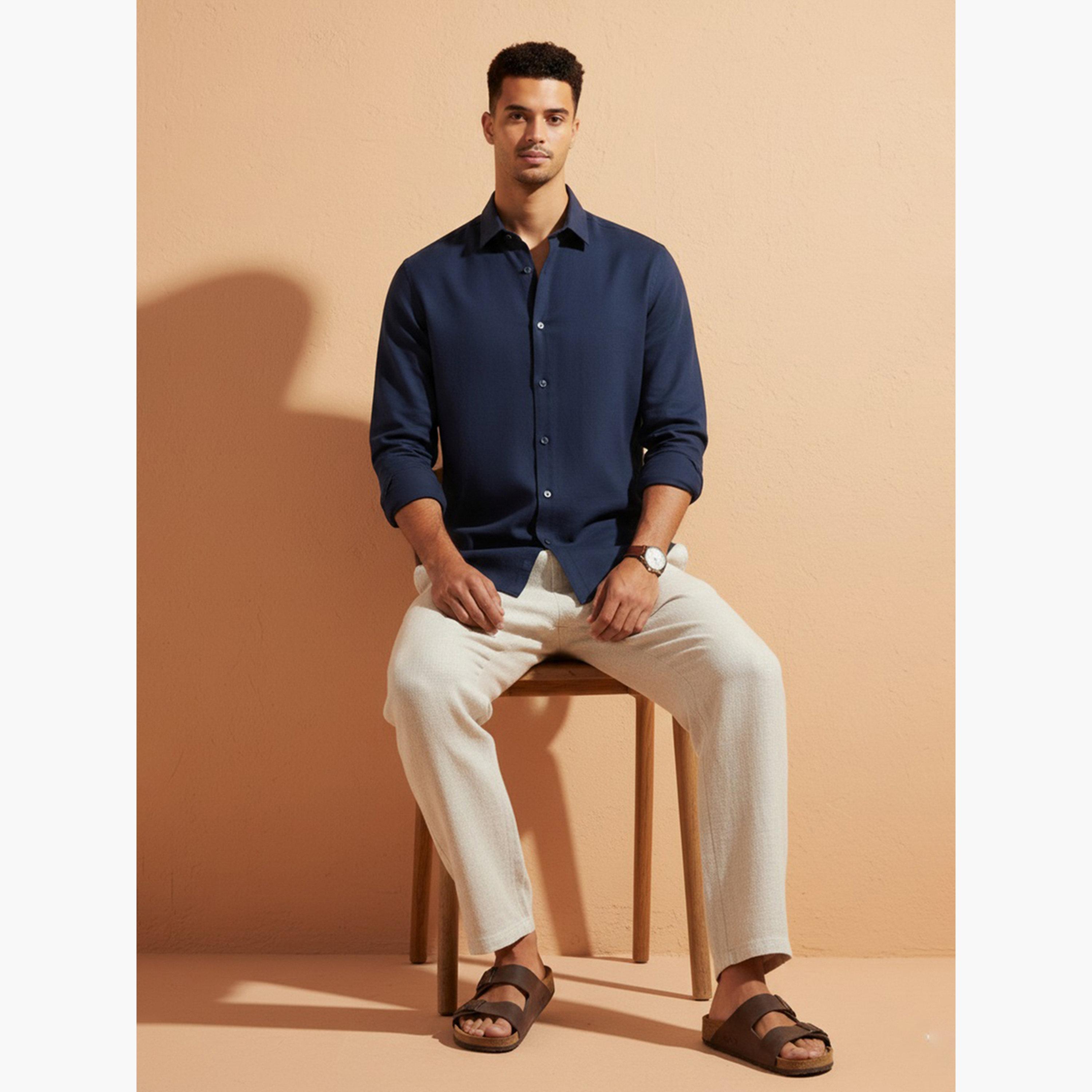 قميص ساتان سادة بقصة عادية للرجال-men-clothing-shirts-image-2