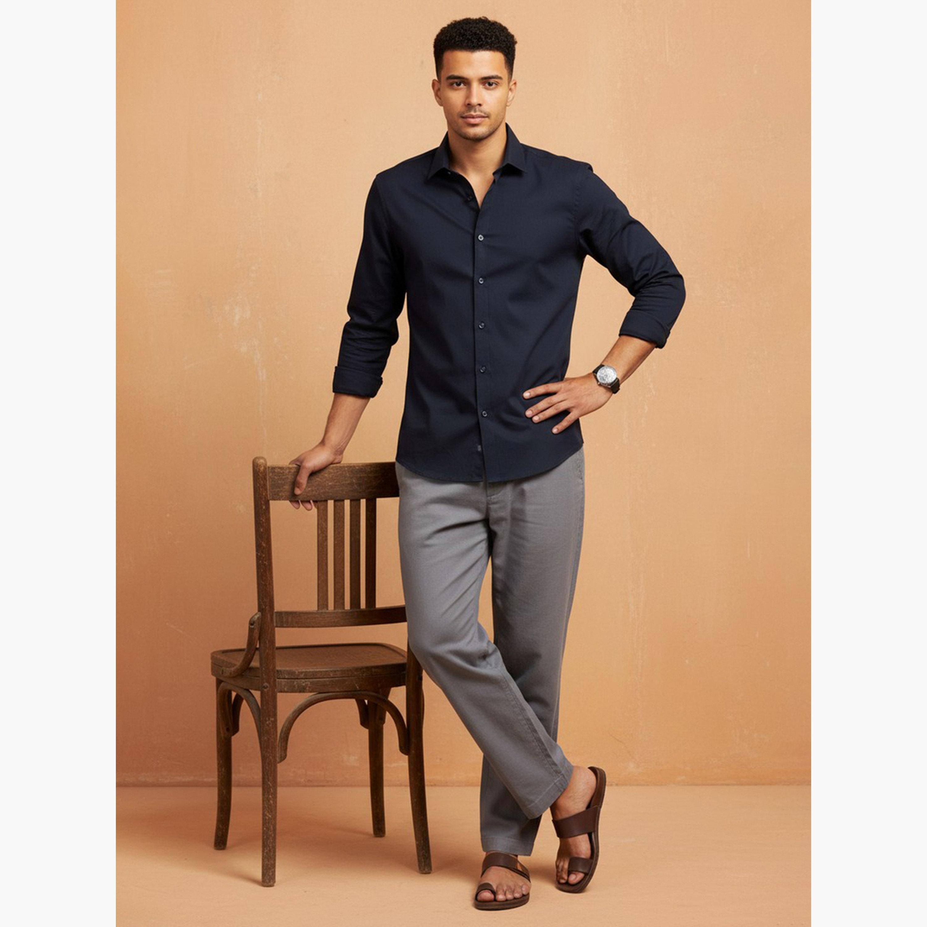 قميص ساتان سادة بقصة عادية للرجال-men-clothing-shirts-image-1