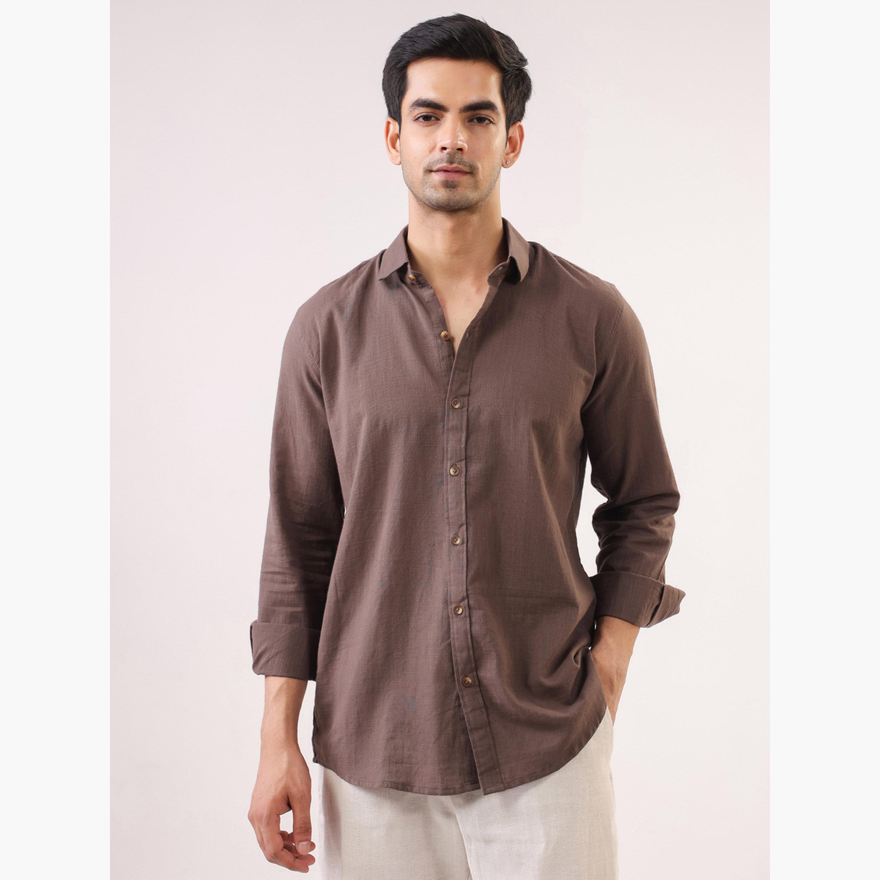 قميص قطن سادة بقصة مريحة للرجال-men-clothing-shirts-image-1