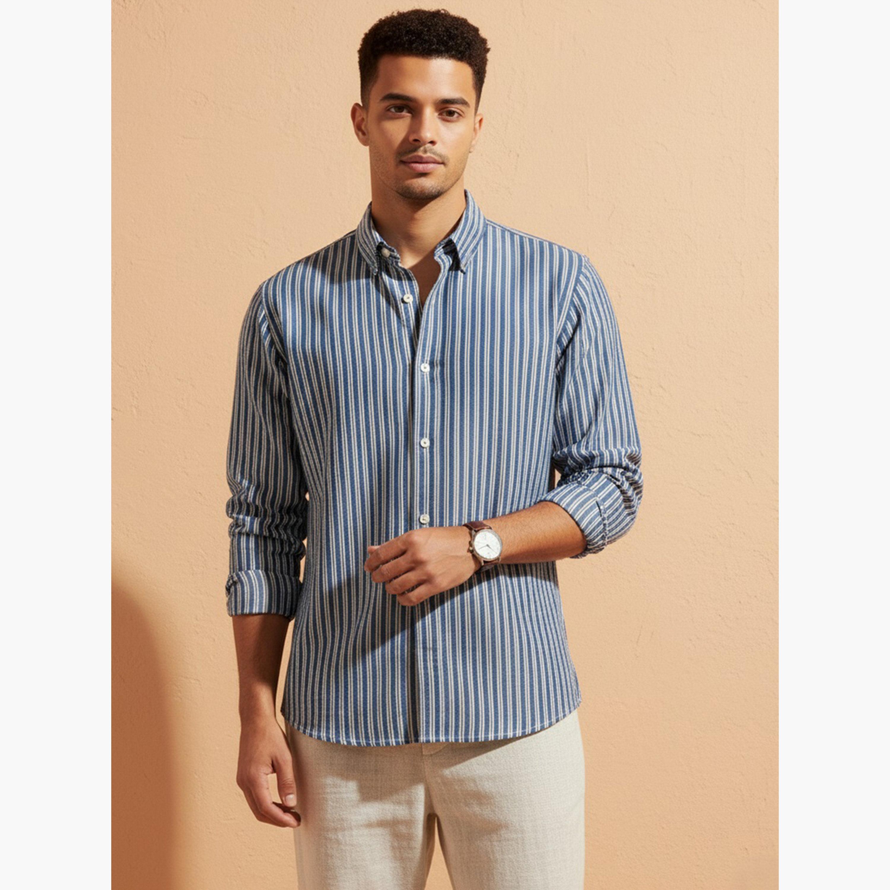 قميص قطن مخطط بقصة عادية للرجال-men-clothing-shirts-image-1