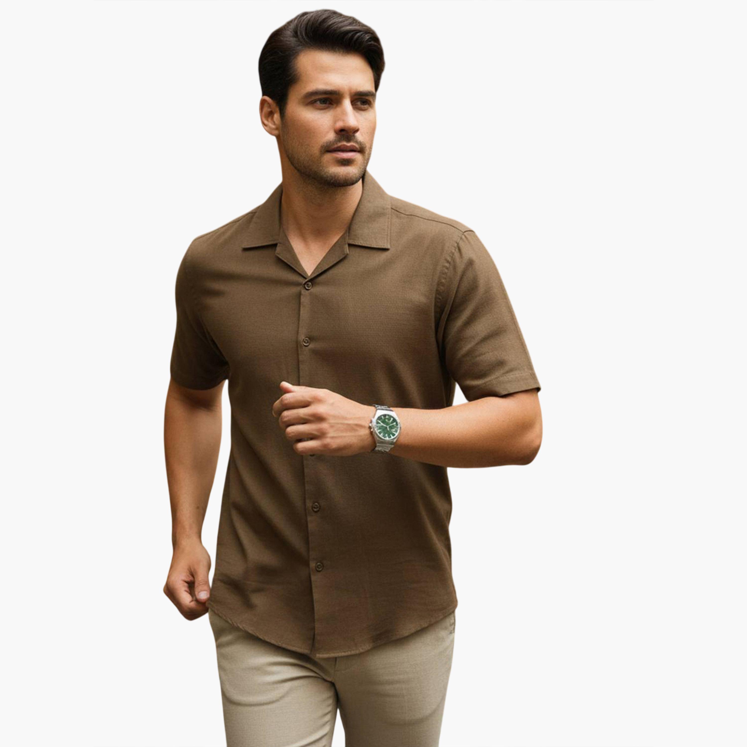 قميص قطن سادة بقصة مريحة للرجال-men-clothing-shirts-image-1