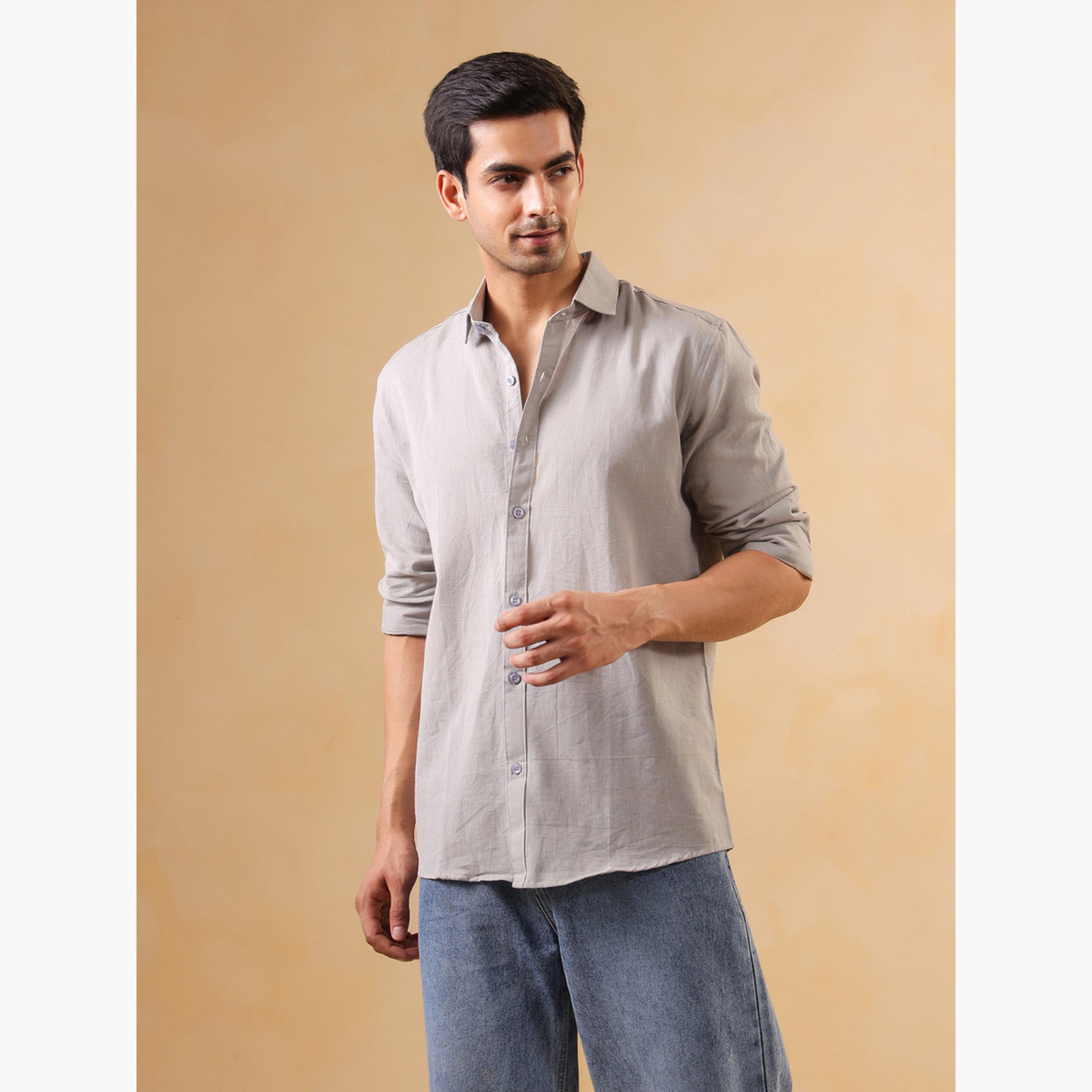 قميص قطن سادة بقصة مريحة للرجال-men-clothing-shirts-image-1