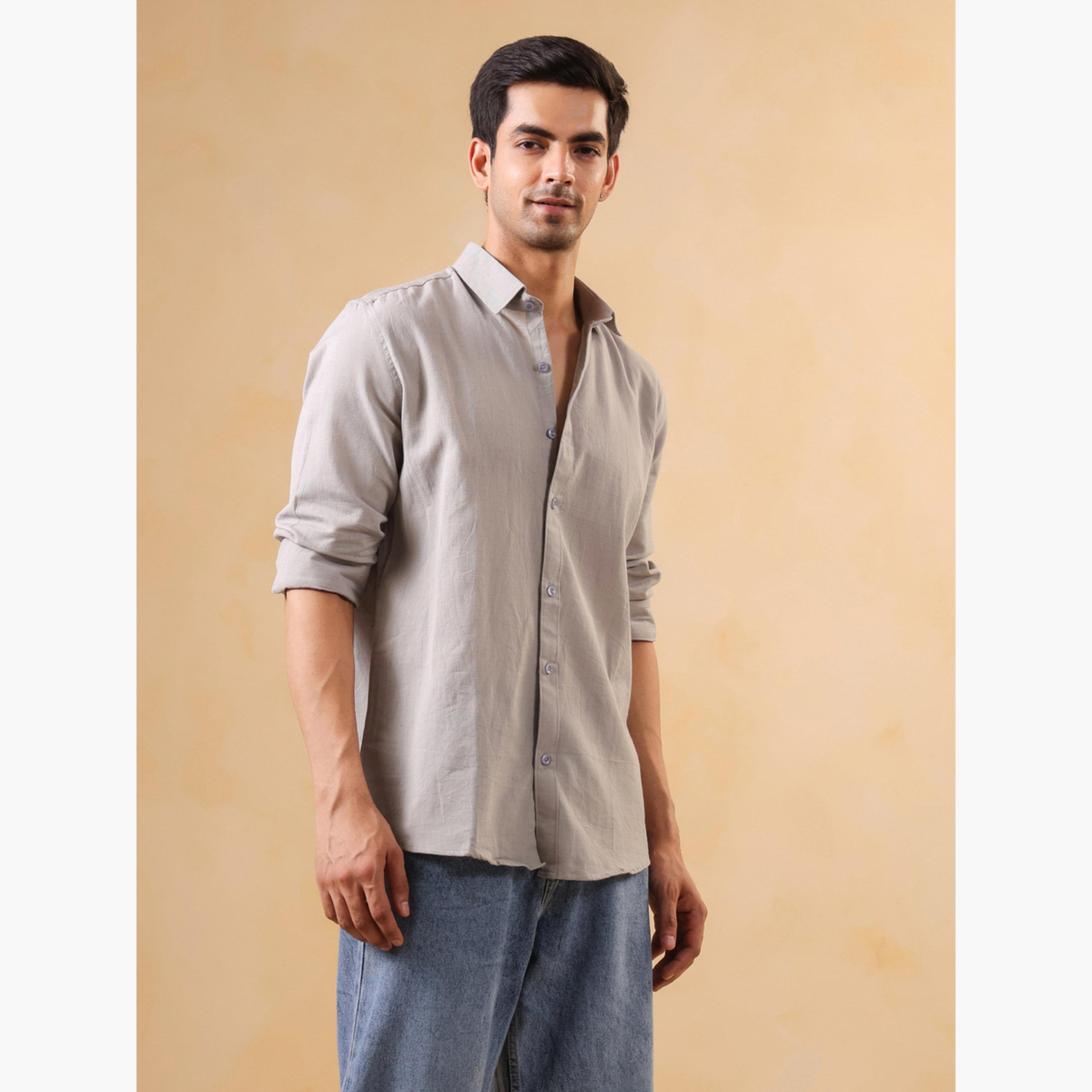 قميص قطن سادة بقصة مريحة للرجال-men-clothing-shirts-image-2