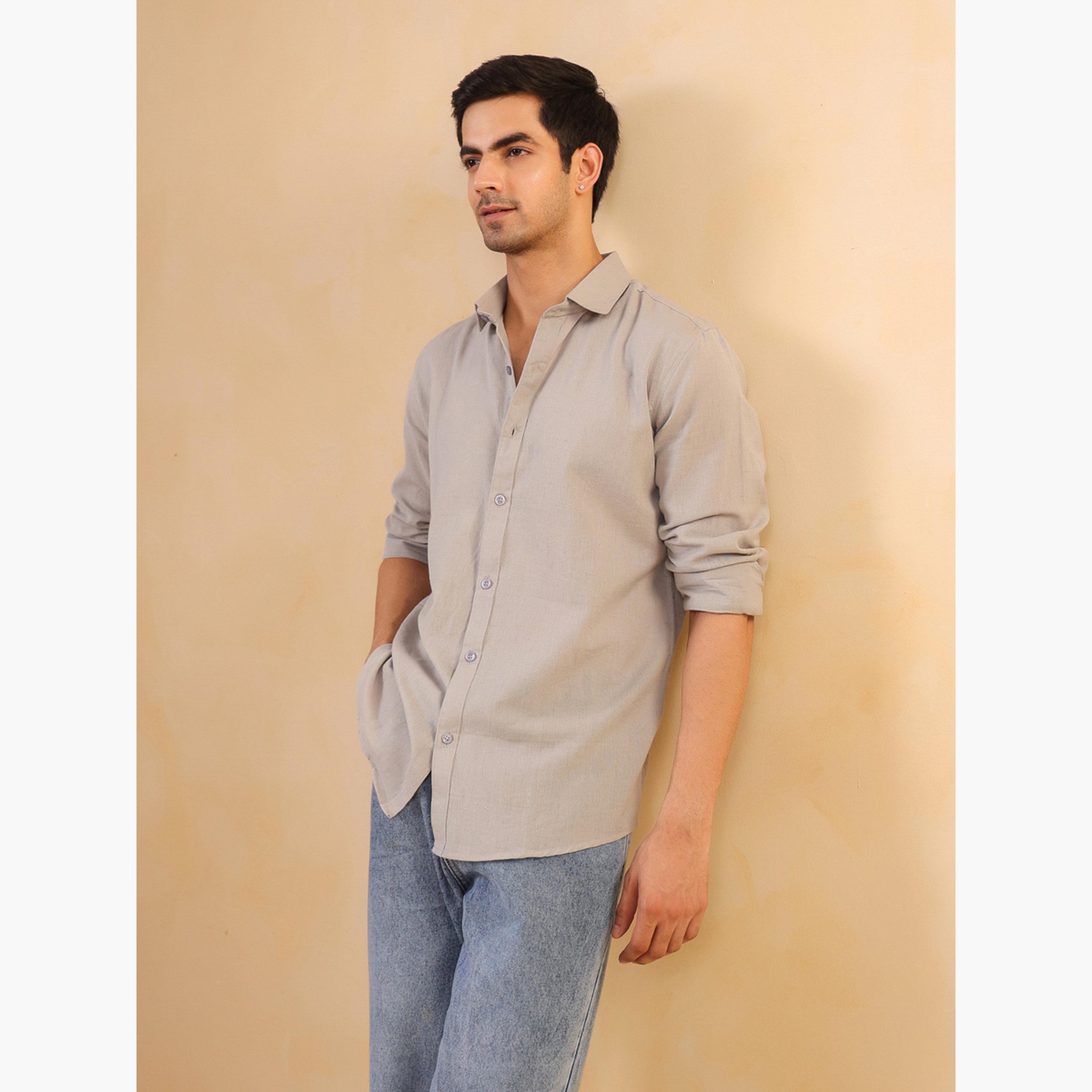 قميص قطن سادة بقصة مريحة للرجال-men-clothing-shirts-image-4
