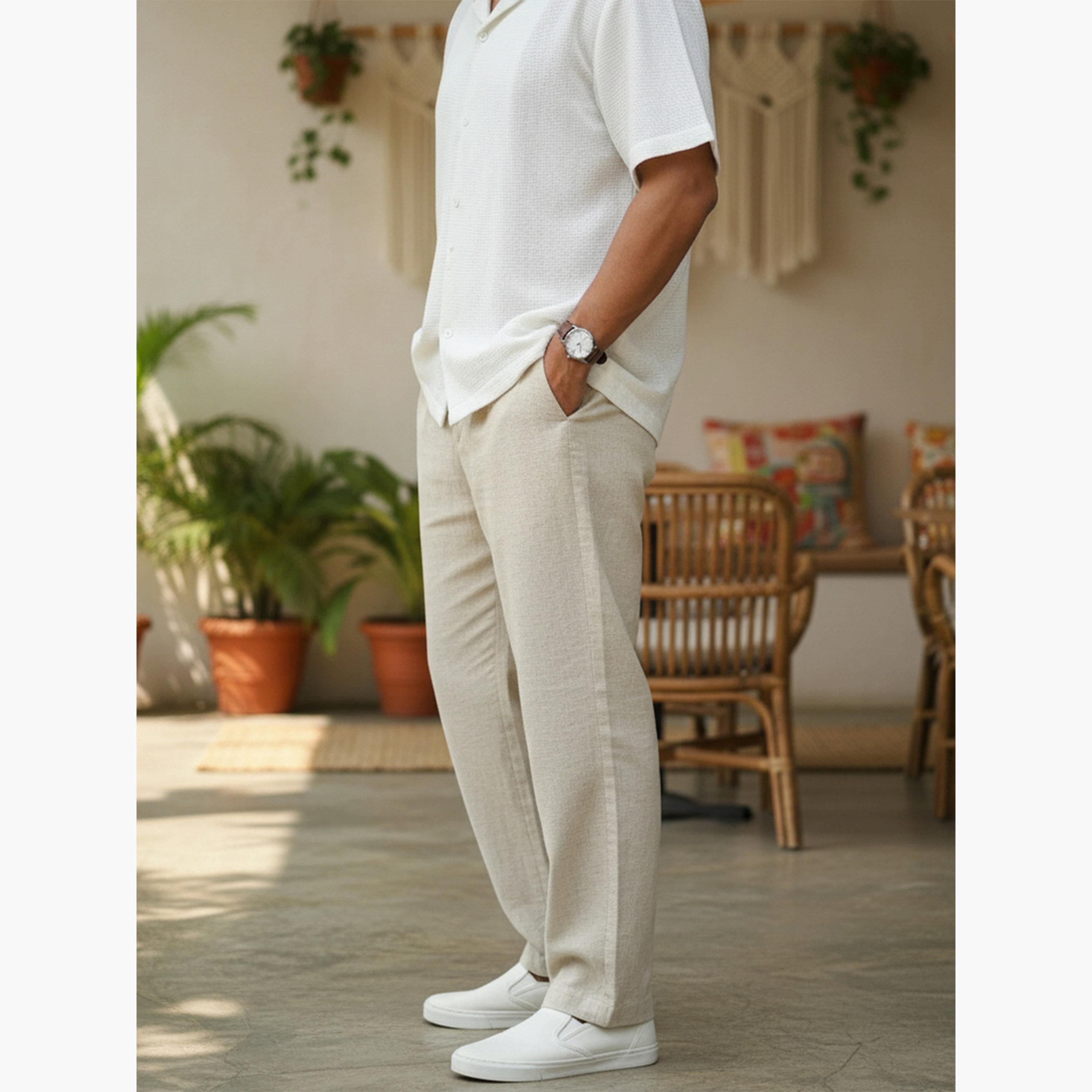 TRULOOM & X Styli Men Cream Regular Fit Cotton Flex Trousers-men-clothing-bottoms-trousersandchinos-trousers-image-2