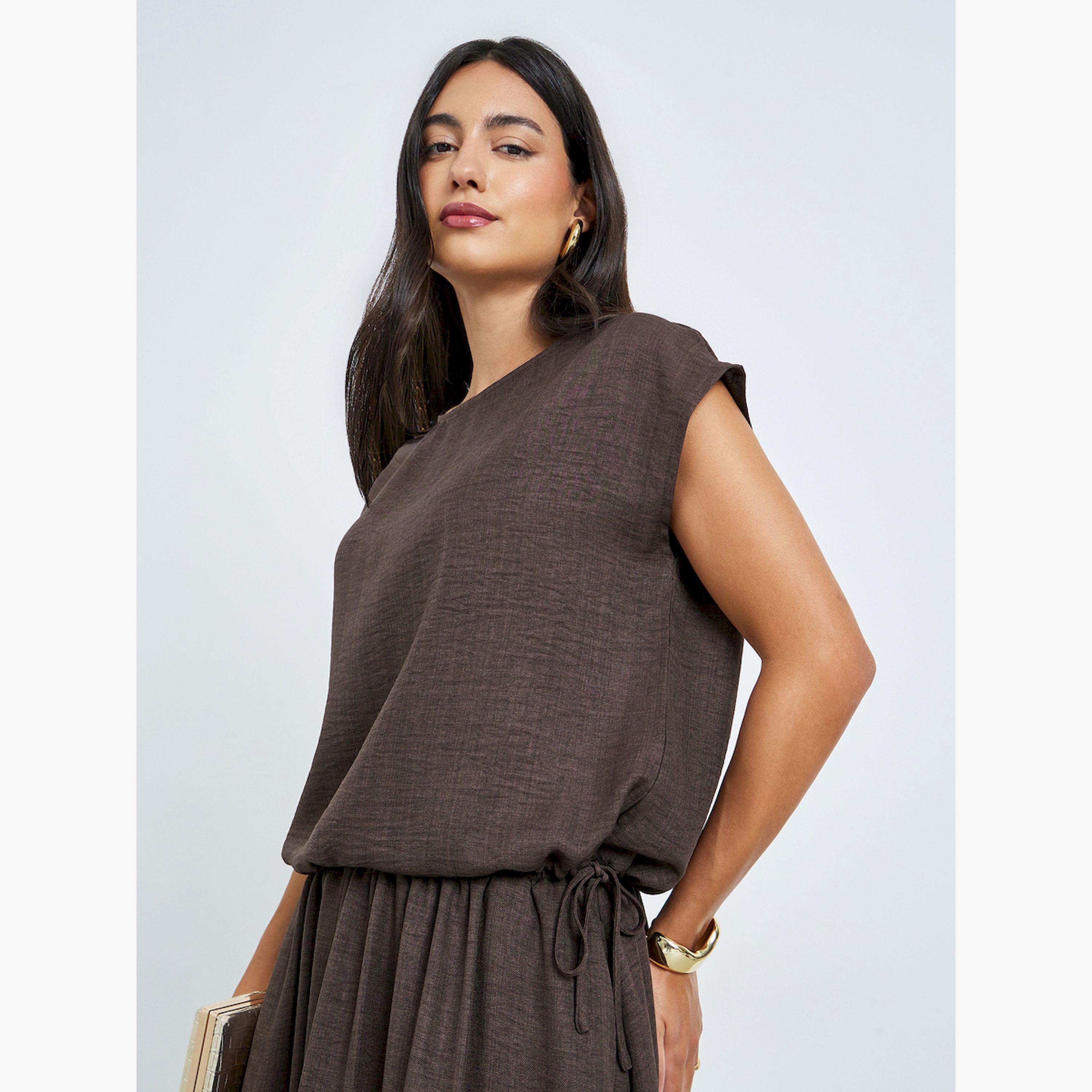 Styli Brown Waist Drawstring Tie Top-women-clothing-shirtsandblouses-blouses-image-1