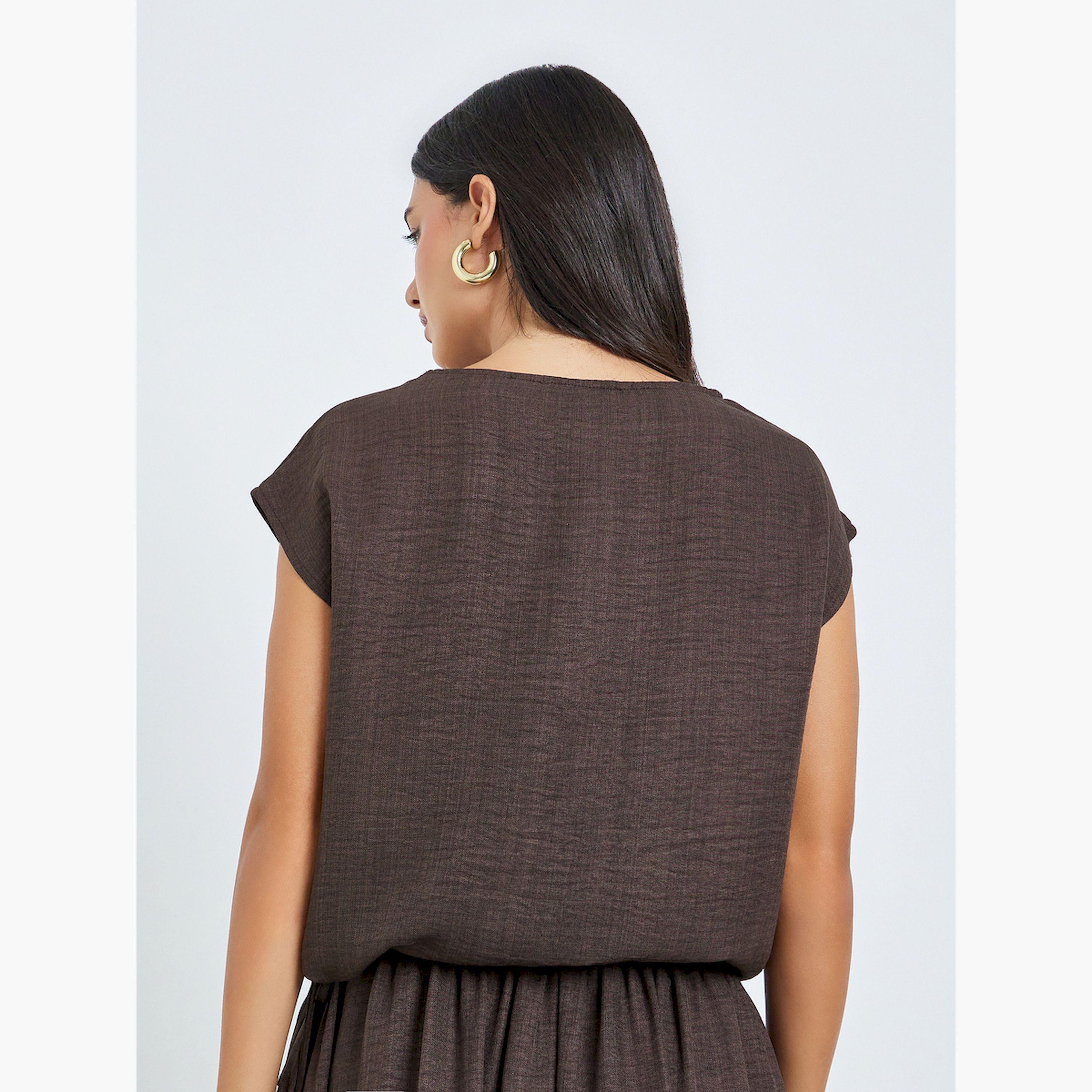 Styli Brown Waist Drawstring Tie Top-women-clothing-shirtsandblouses-blouses-image-3