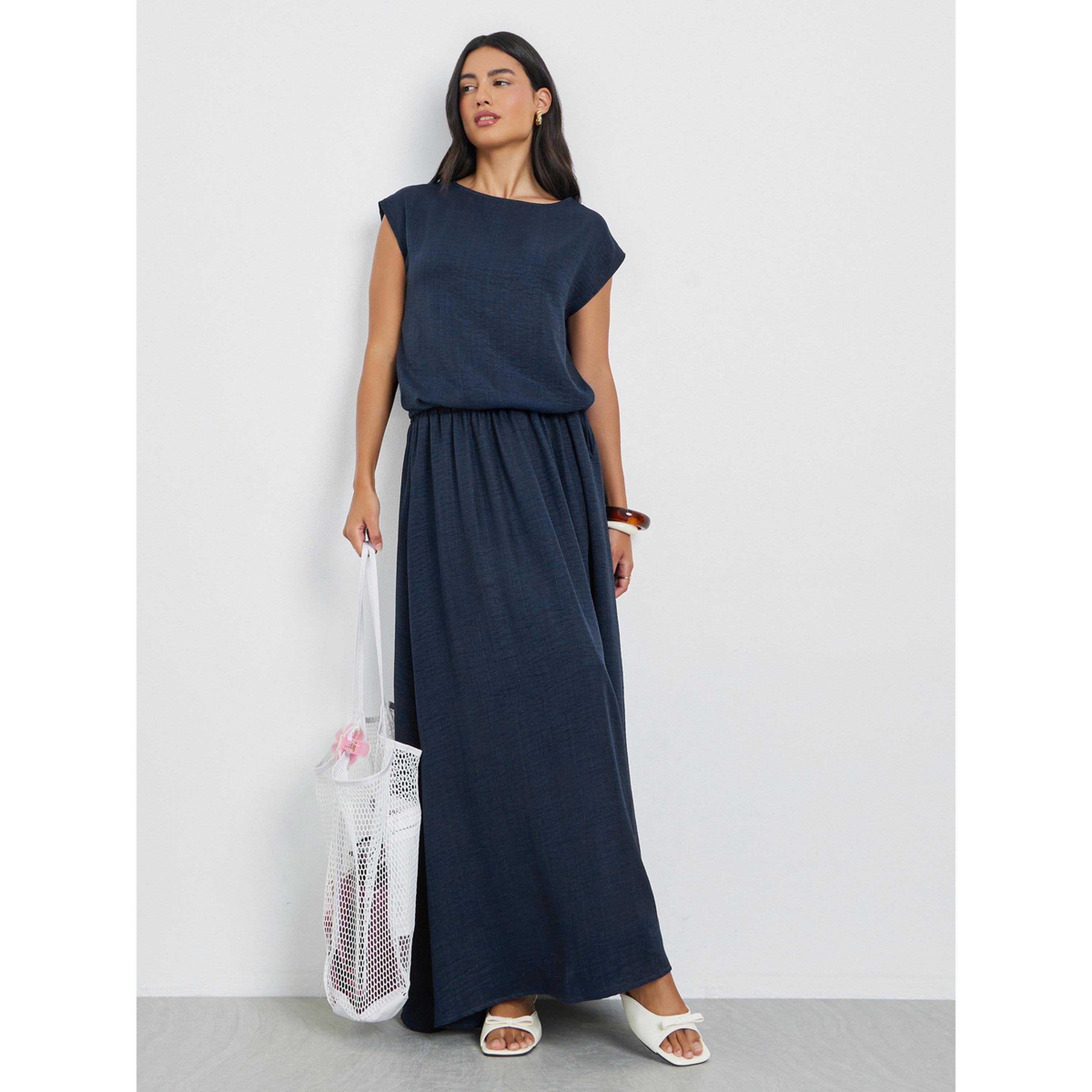 Styli Navy Blue Solid A-Line Maxi Skirt-women-clothing-bottoms-skirts-image-2