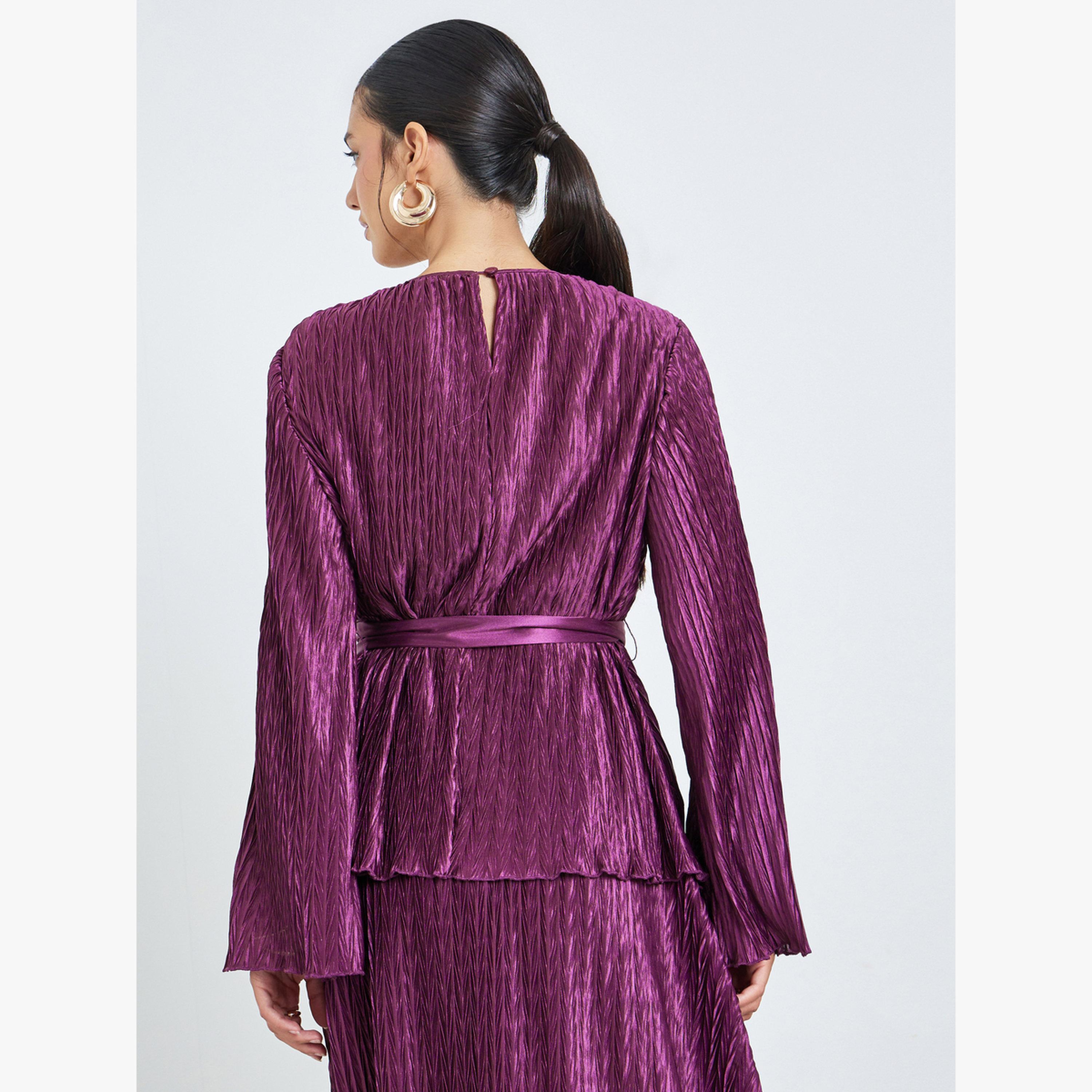 Styli Purple Plisse Blouse with Belt-women-clothing-shirtsandblouses-blouses-image-3