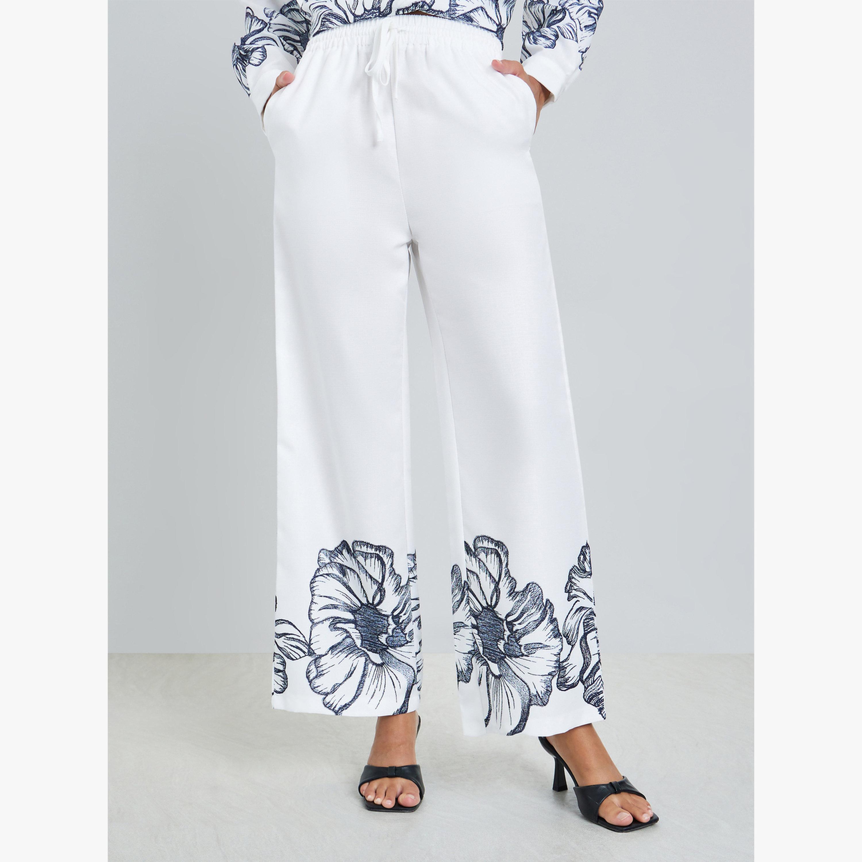Styli White Floral Print Straight Leg Pants-women-clothing-bottoms-joggers-image-1