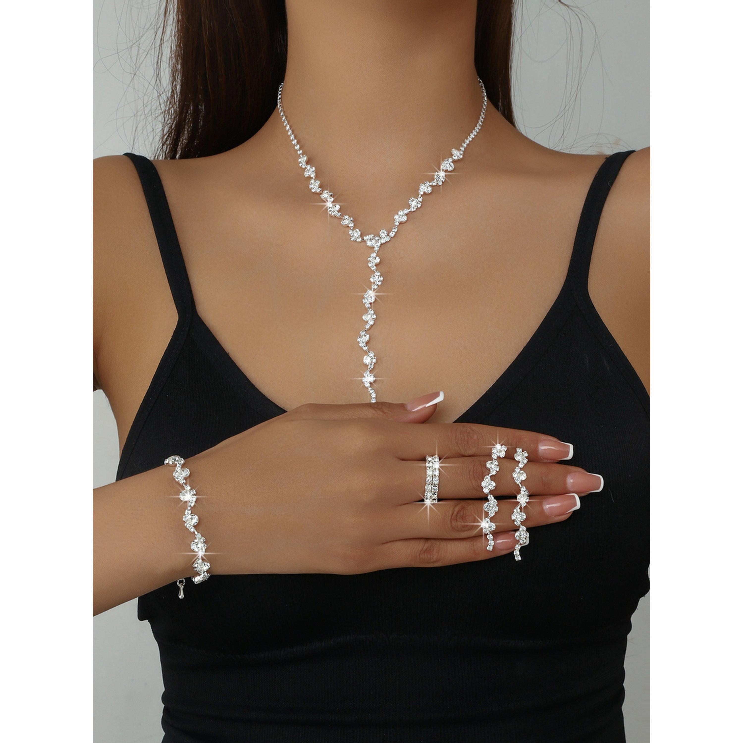 طقم مجوهرات أربع قطع عقد وسوار وخاتم وأقراط مزين-women-watchesandjewellery-jewellery-jewellerysets-image-2