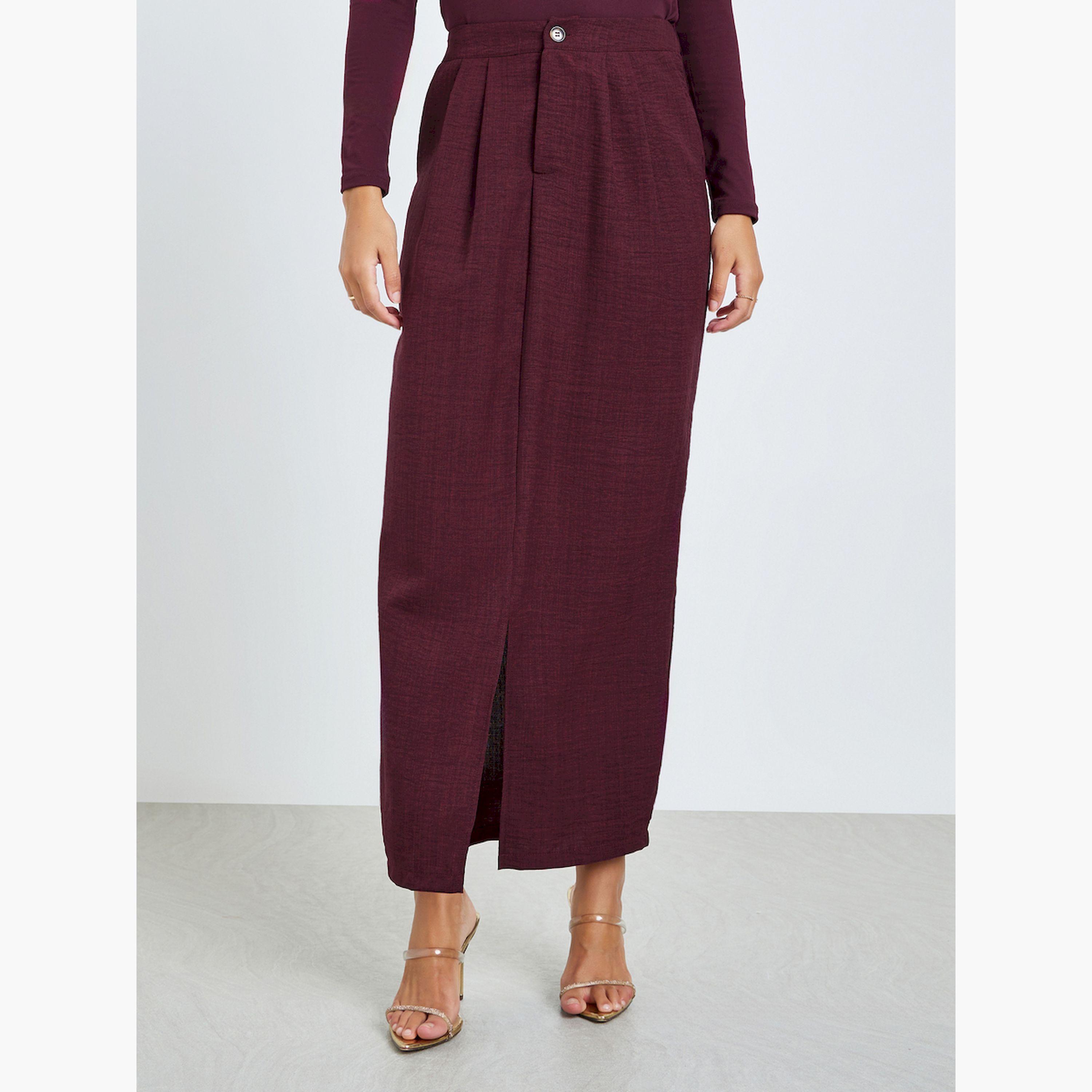 ستايلي - تنورة ماكسي لون برغندي بفتحة أمامية-women-clothing-bottoms-skirts-image-1