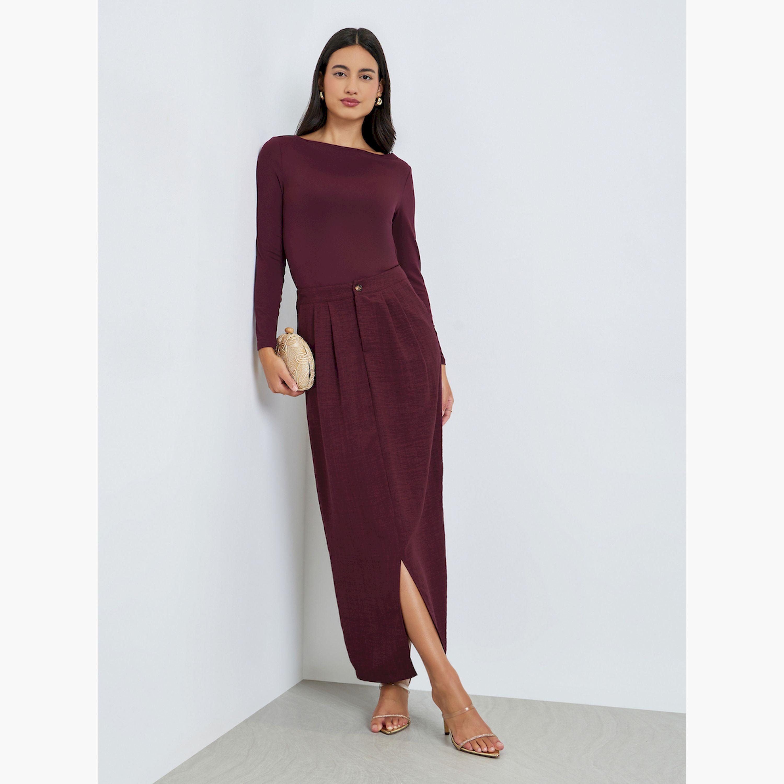 Styli Burgundy Maxi Skirt with Front Slit-women-clothing-bottoms-skirts-image-2