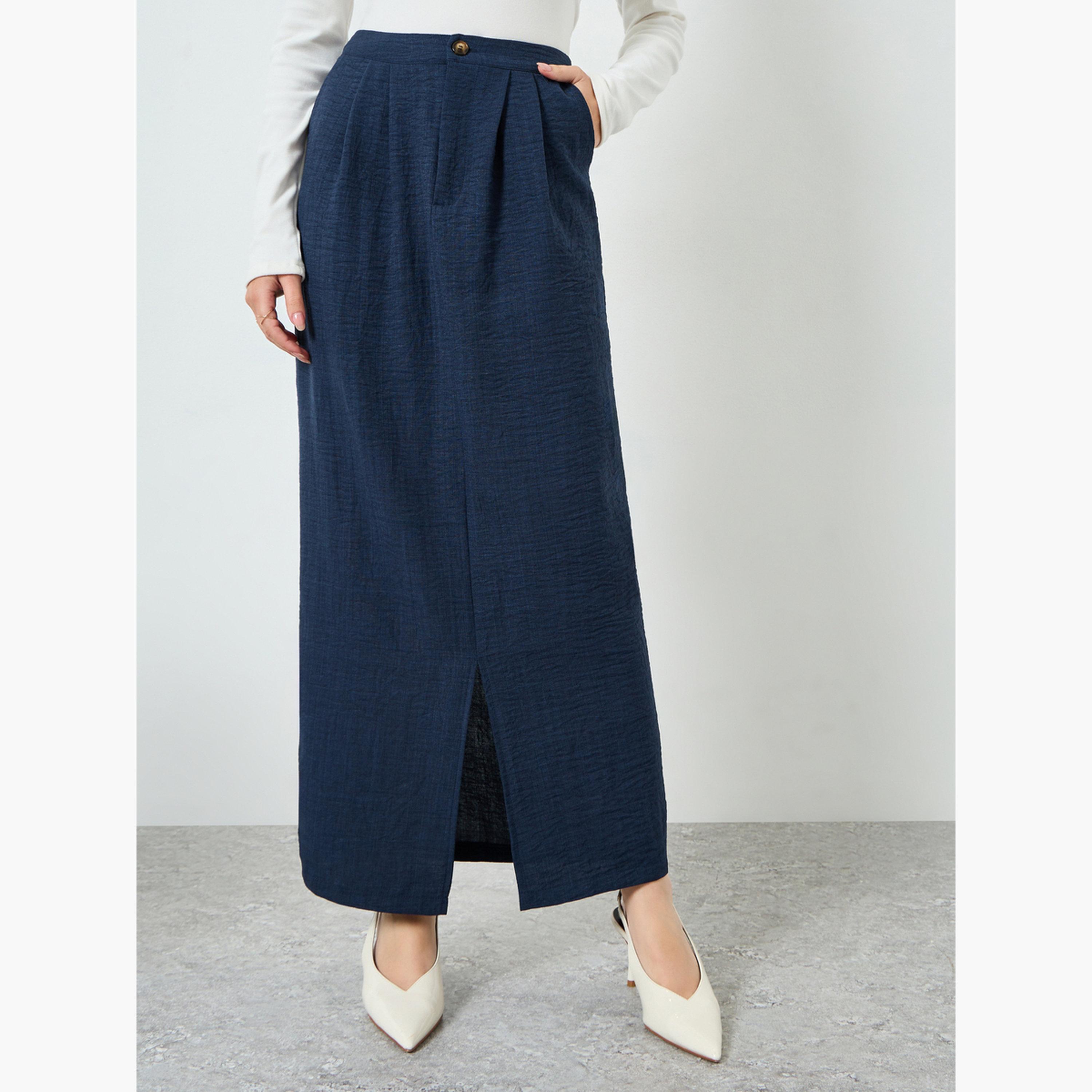 Styli Navy Blue A-Line Maxi Skirt with Slit-women-clothing-bottoms-skirts-image-1