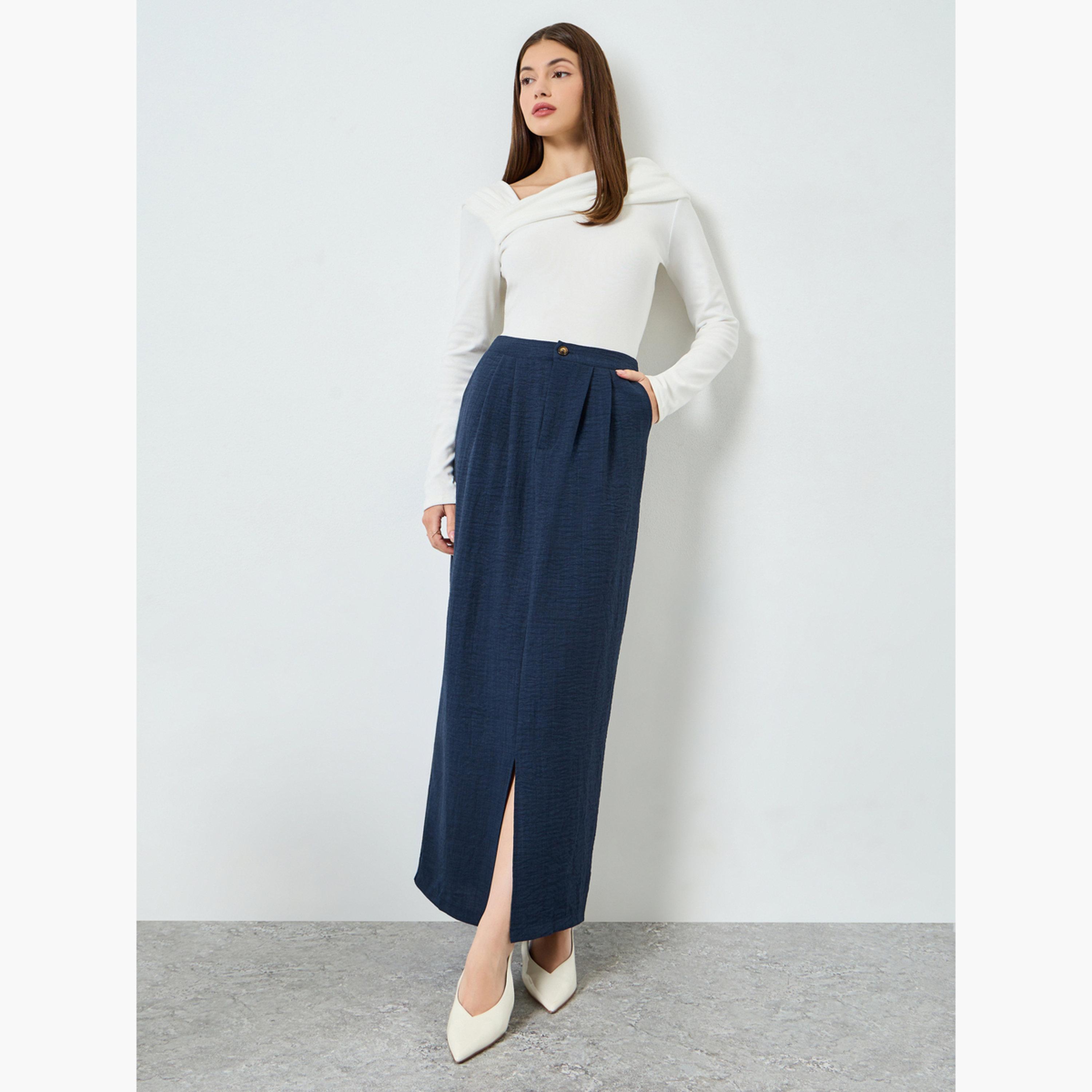 Styli Navy Blue A-Line Maxi Skirt with Slit-women-clothing-bottoms-skirts-image-2