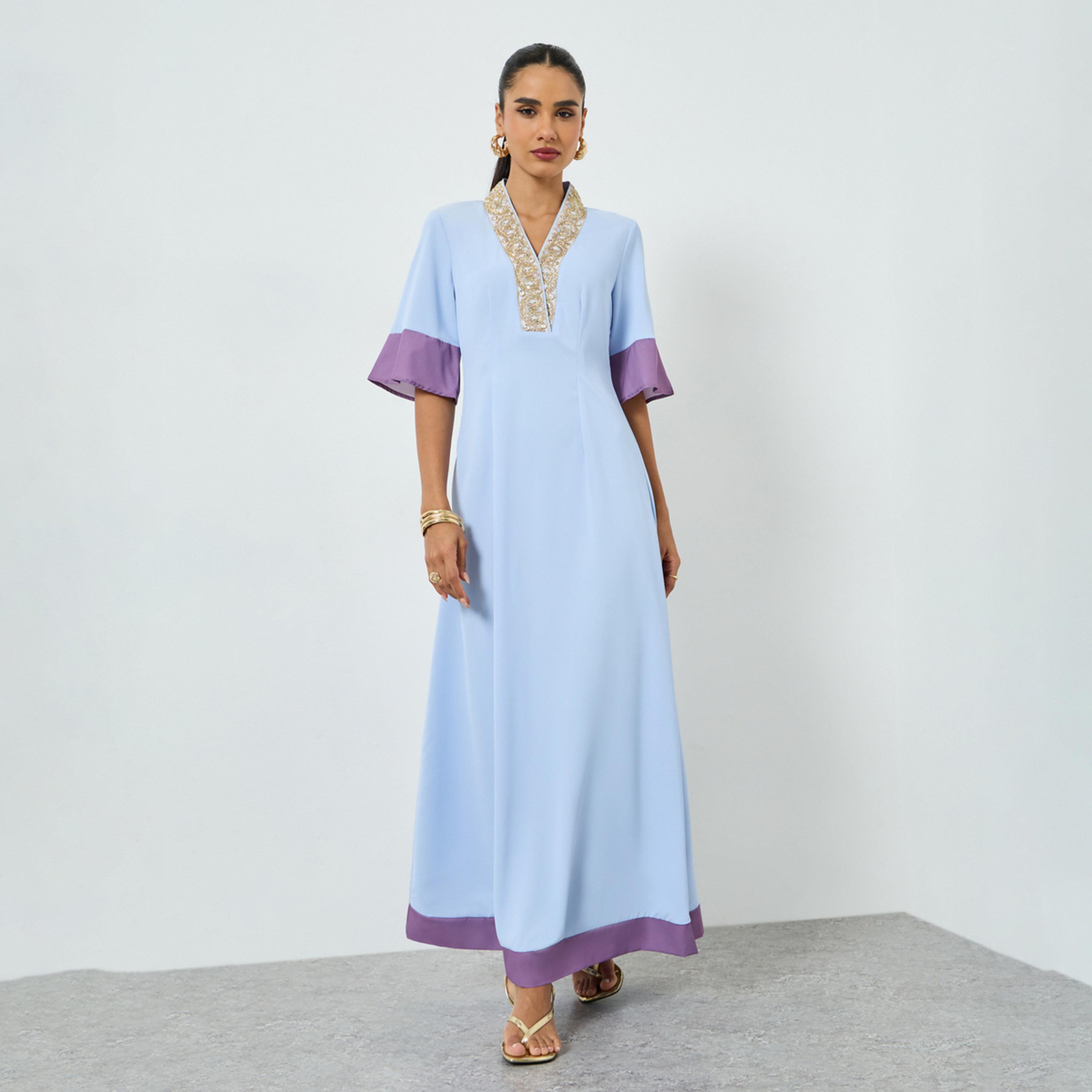 Take Two Blue Embroidered Short Sleeve Jalabiya-women-arabicclothing-jalabiyas-image-1