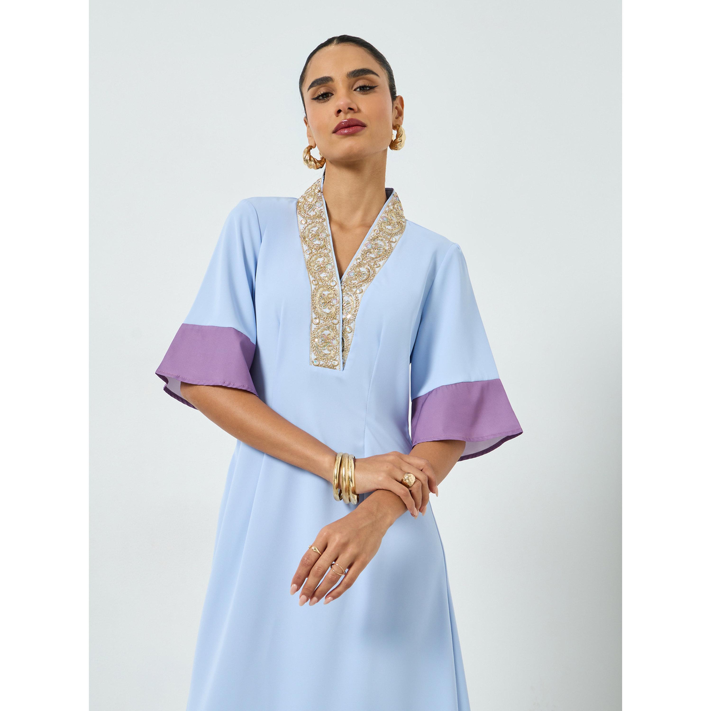 Take Two Blue Embroidered Short Sleeve Jalabiya-women-arabicclothing-jalabiyas-image-2