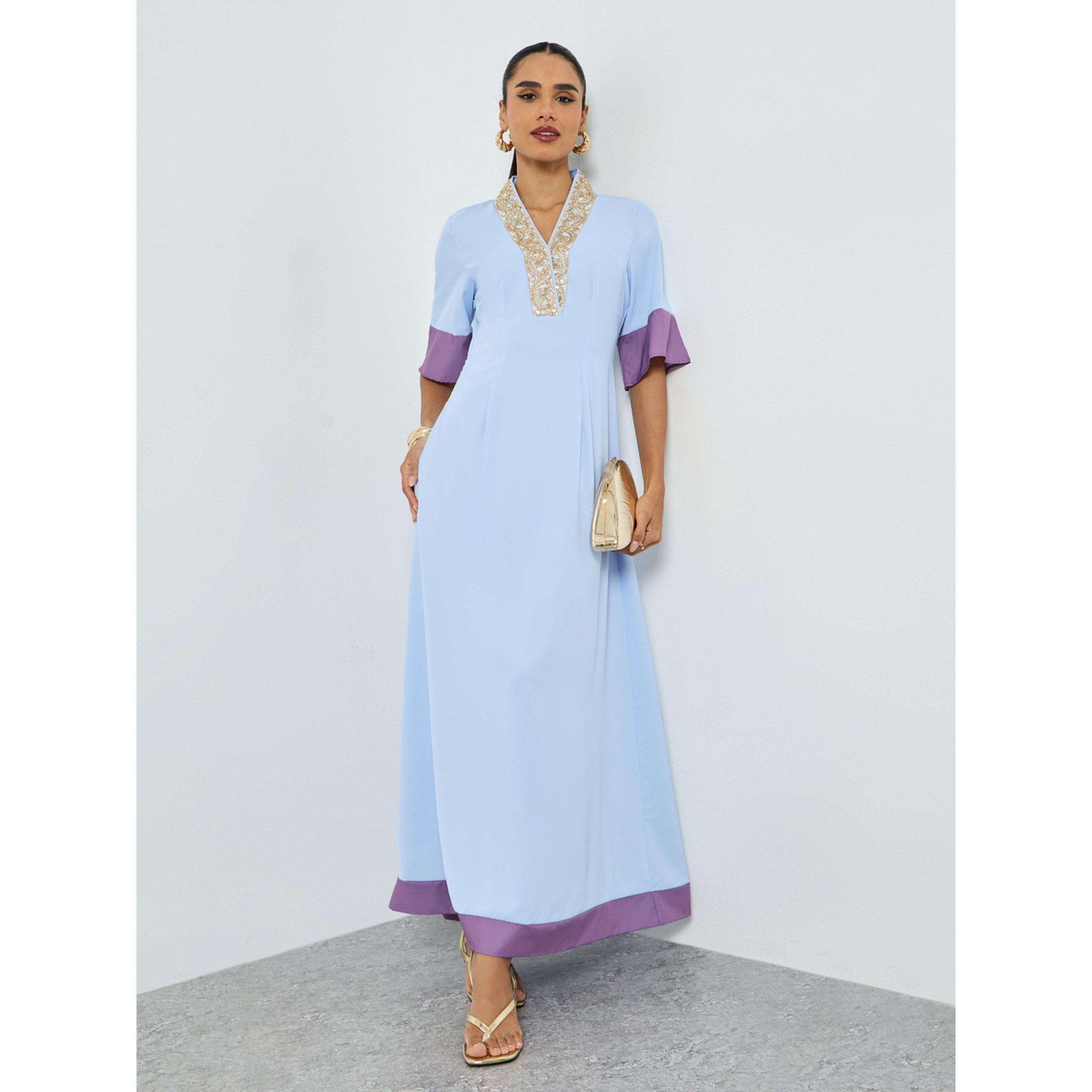 Take Two Blue Embroidered Short Sleeve Jalabiya-women-arabicclothing-jalabiyas-image-3