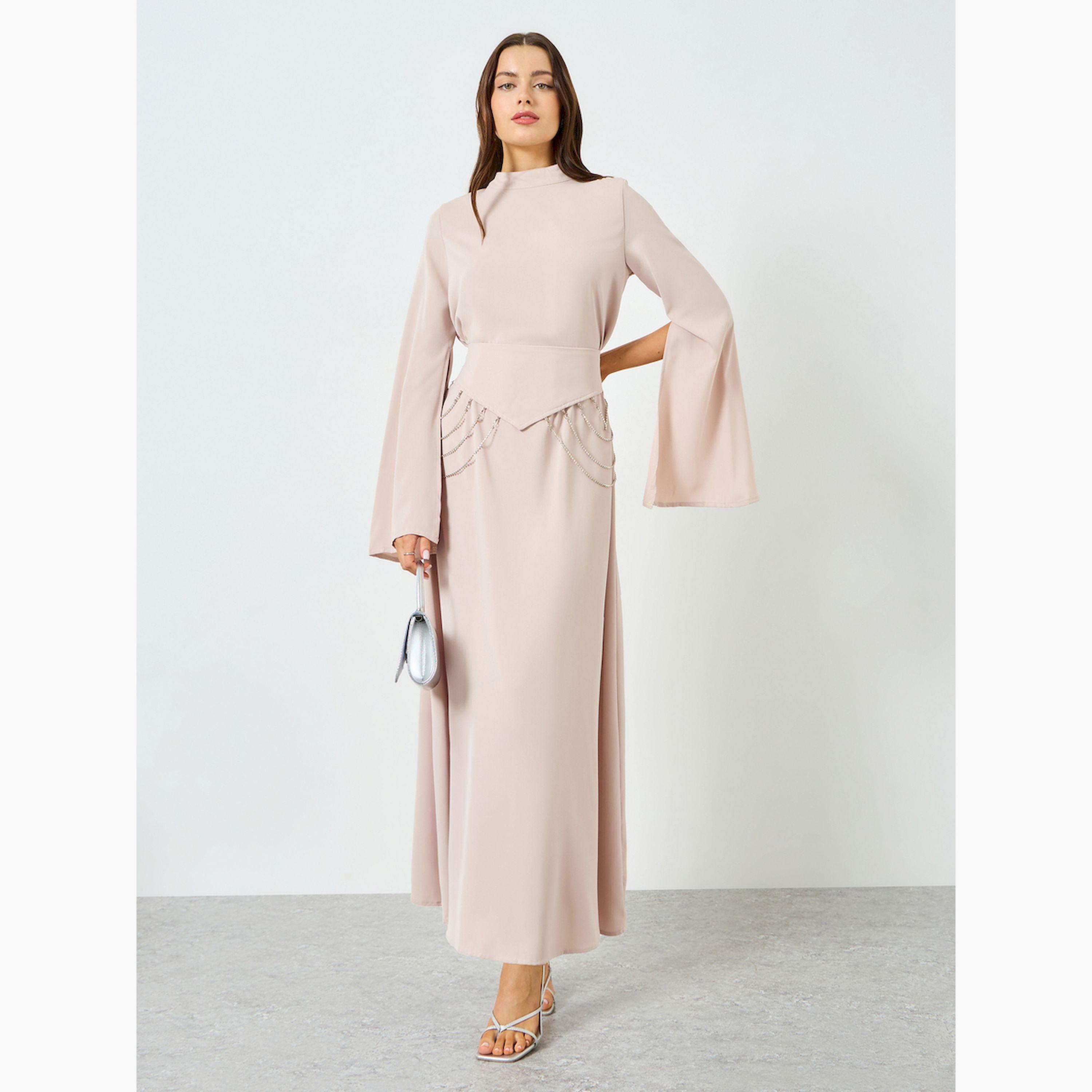 فستان طويل بخصر شكل V وأكمام بفتحات-women-clothing-dresses-image-1