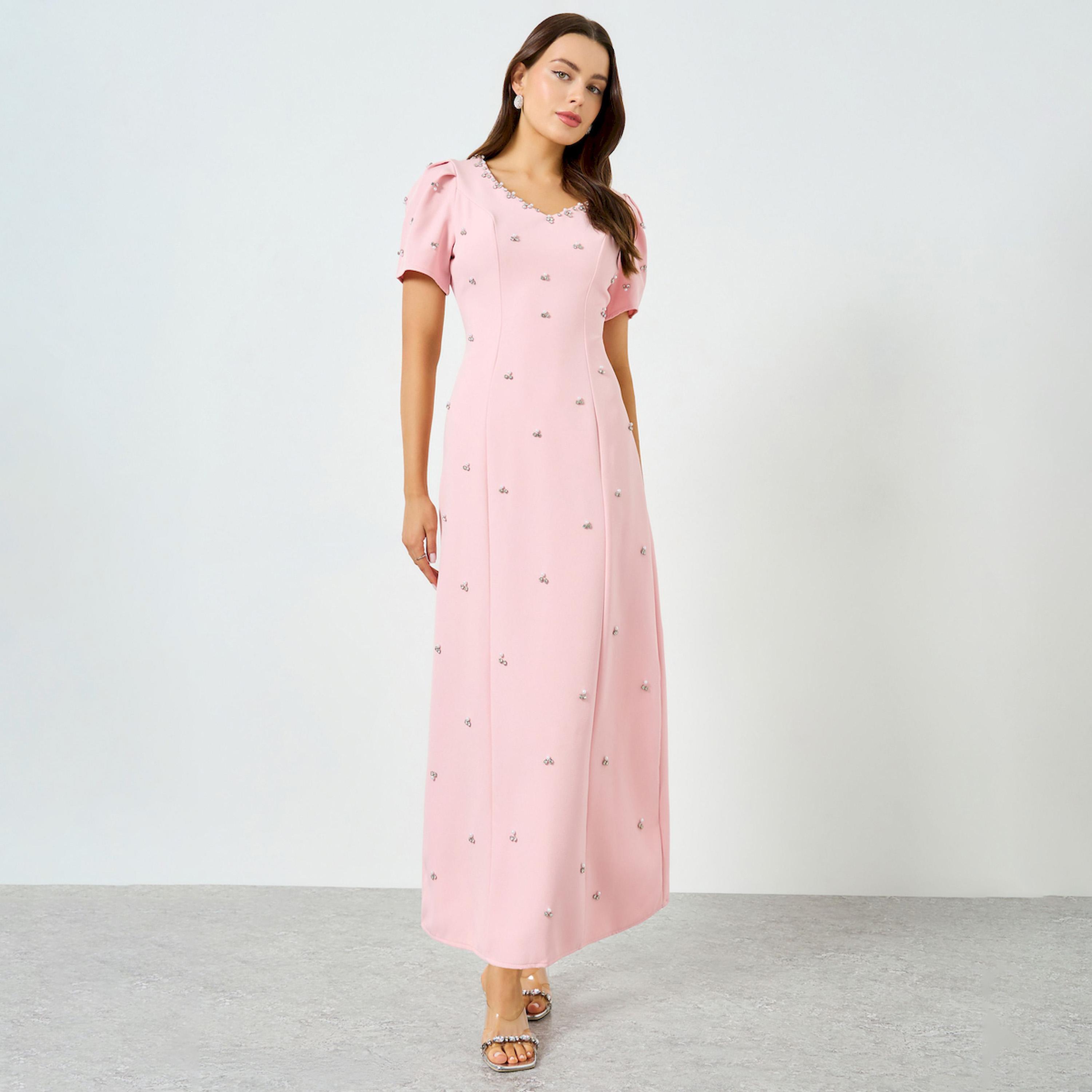Take Two Pink Embellished Rhinestone Puff Sleeve Maxi Dress-women-clothing-dresses-image-1