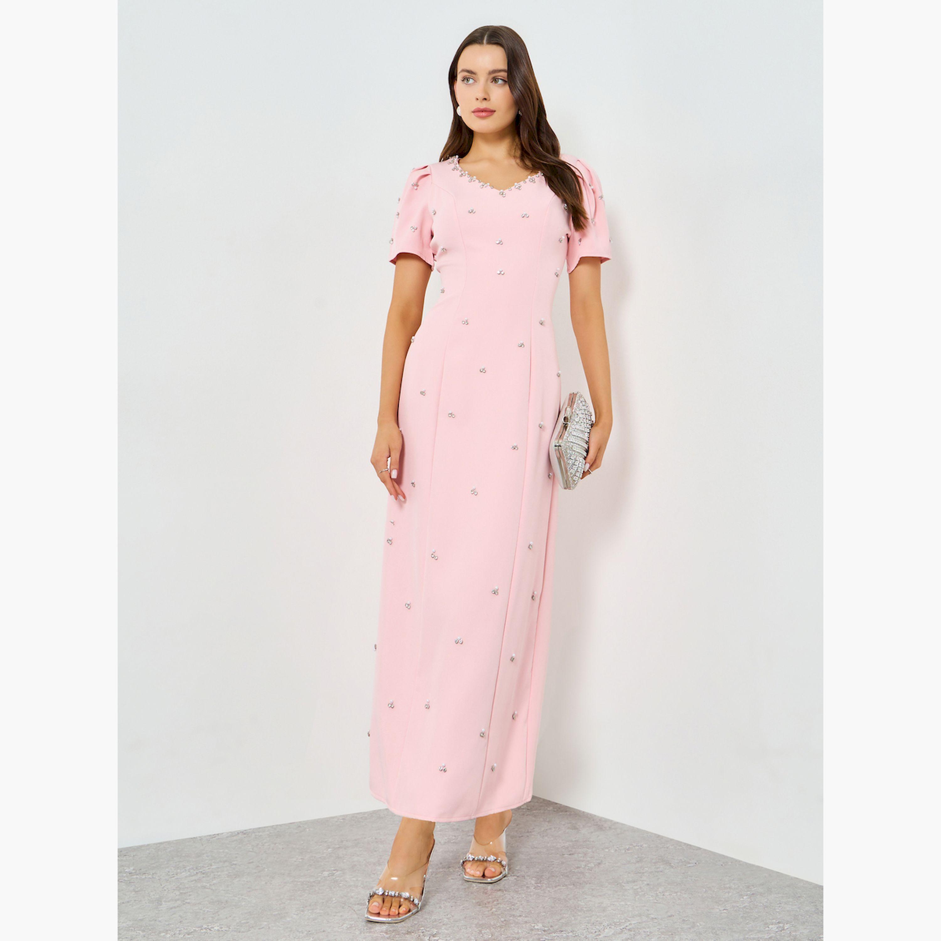 Take Two Pink Embellished Rhinestone Puff Sleeve Maxi Dress-women-clothing-dresses-image-2