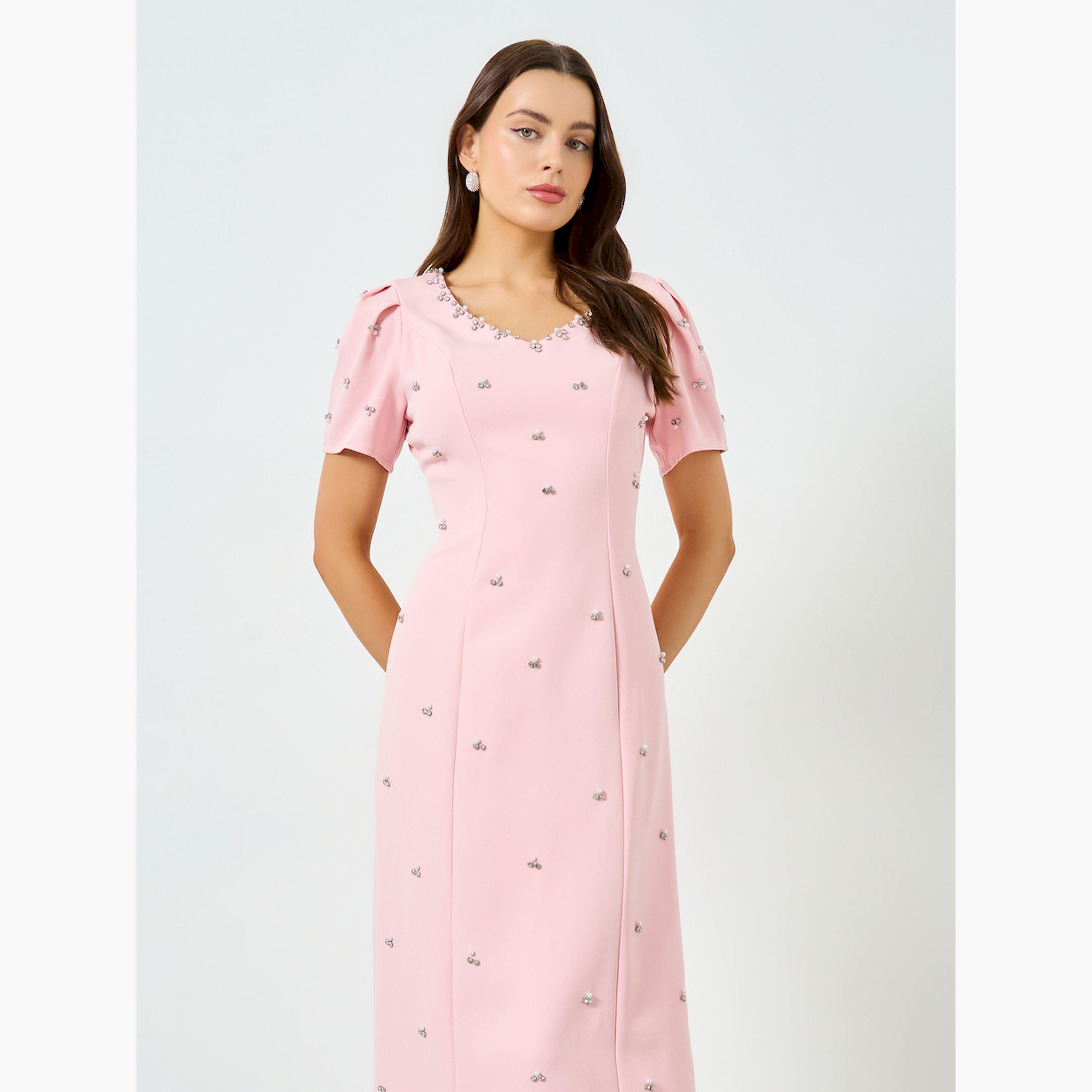 فستان طويل بأكمام منفوخة مزين بأحجار الراين-women-clothing-dresses-image-3