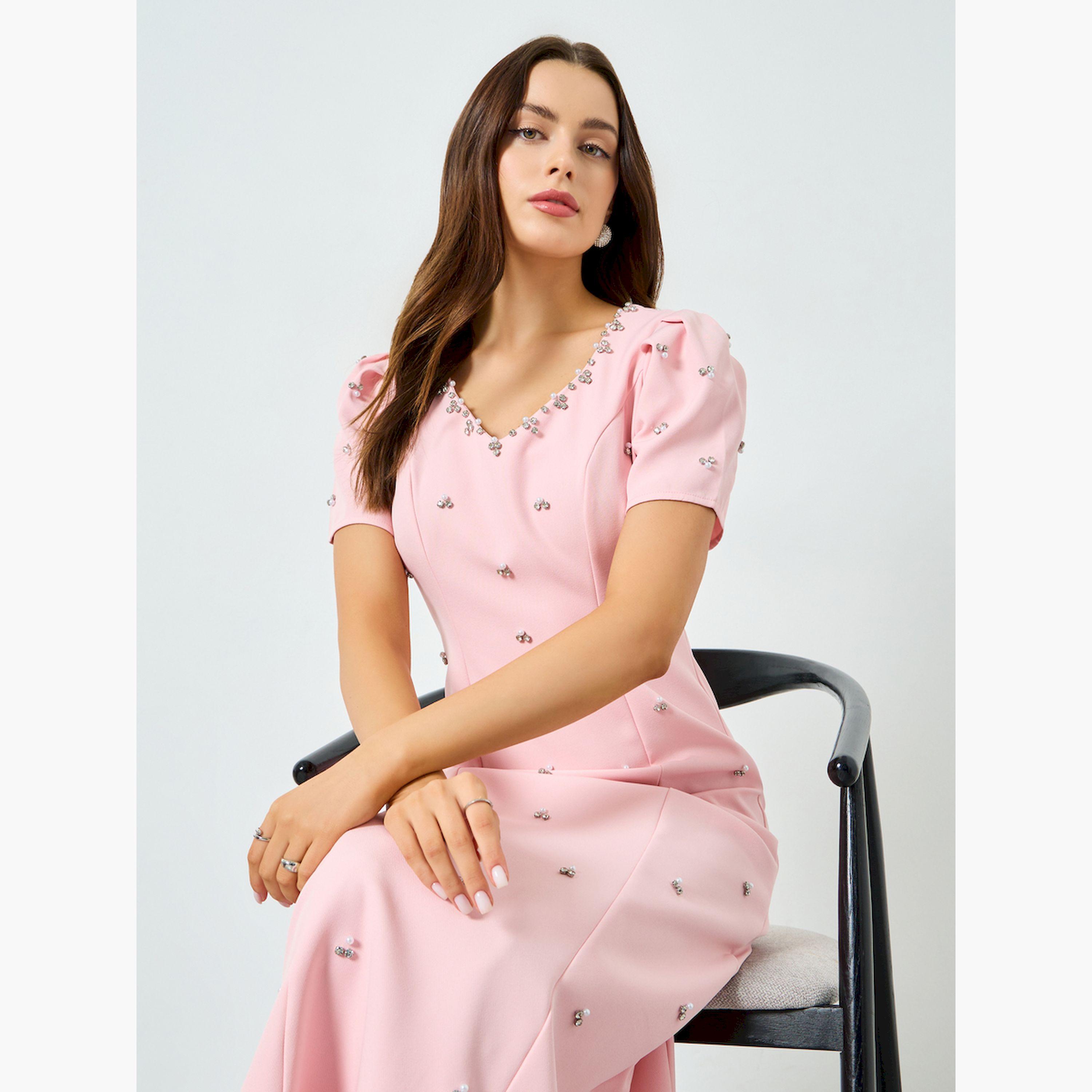Take Two Pink Embellished Rhinestone Puff Sleeve Maxi Dress-women-clothing-dresses-image-4