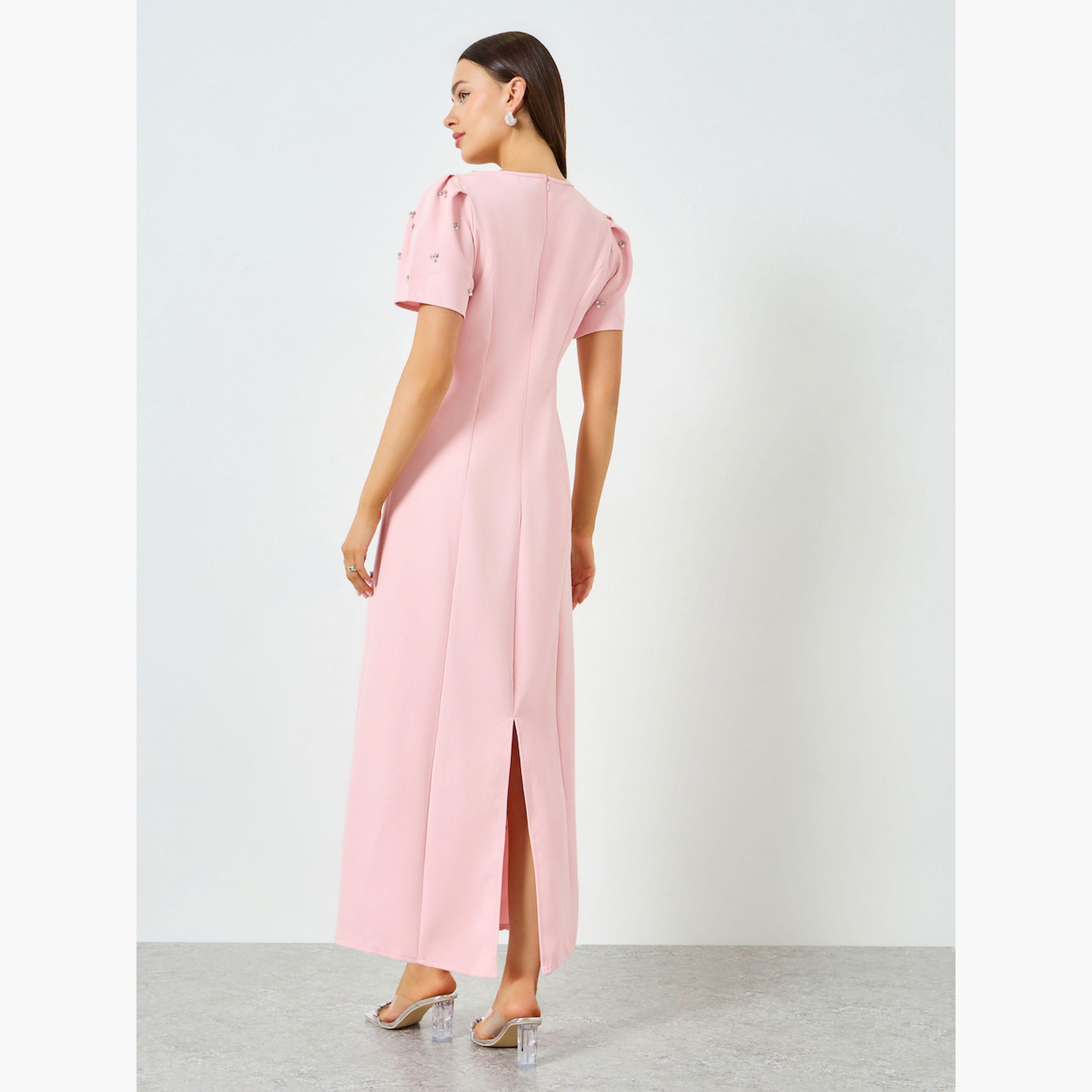 فستان طويل بأكمام منفوخة مزين بأحجار الراين-women-clothing-dresses-image-5