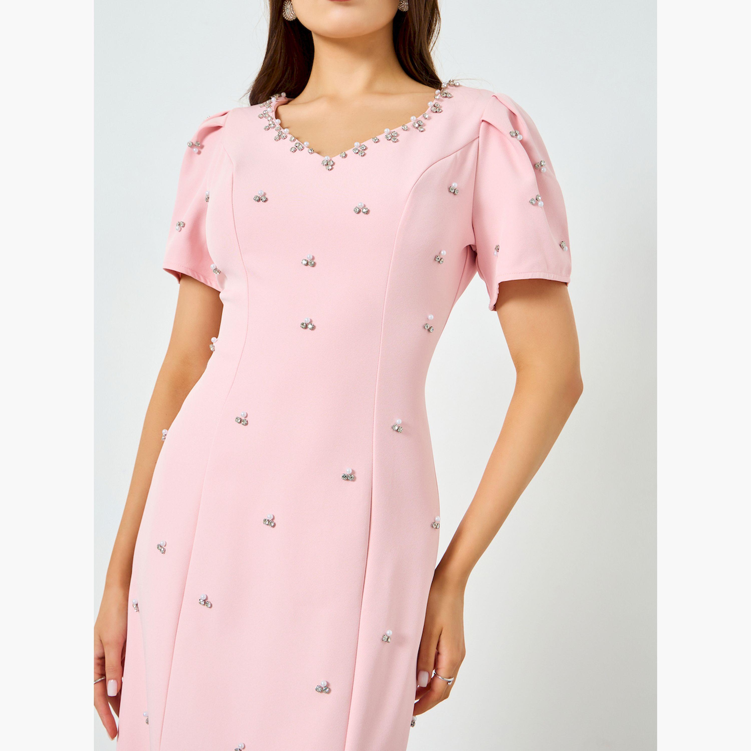 Take Two Pink Embellished Rhinestone Puff Sleeve Maxi Dress-women-clothing-dresses-image-6