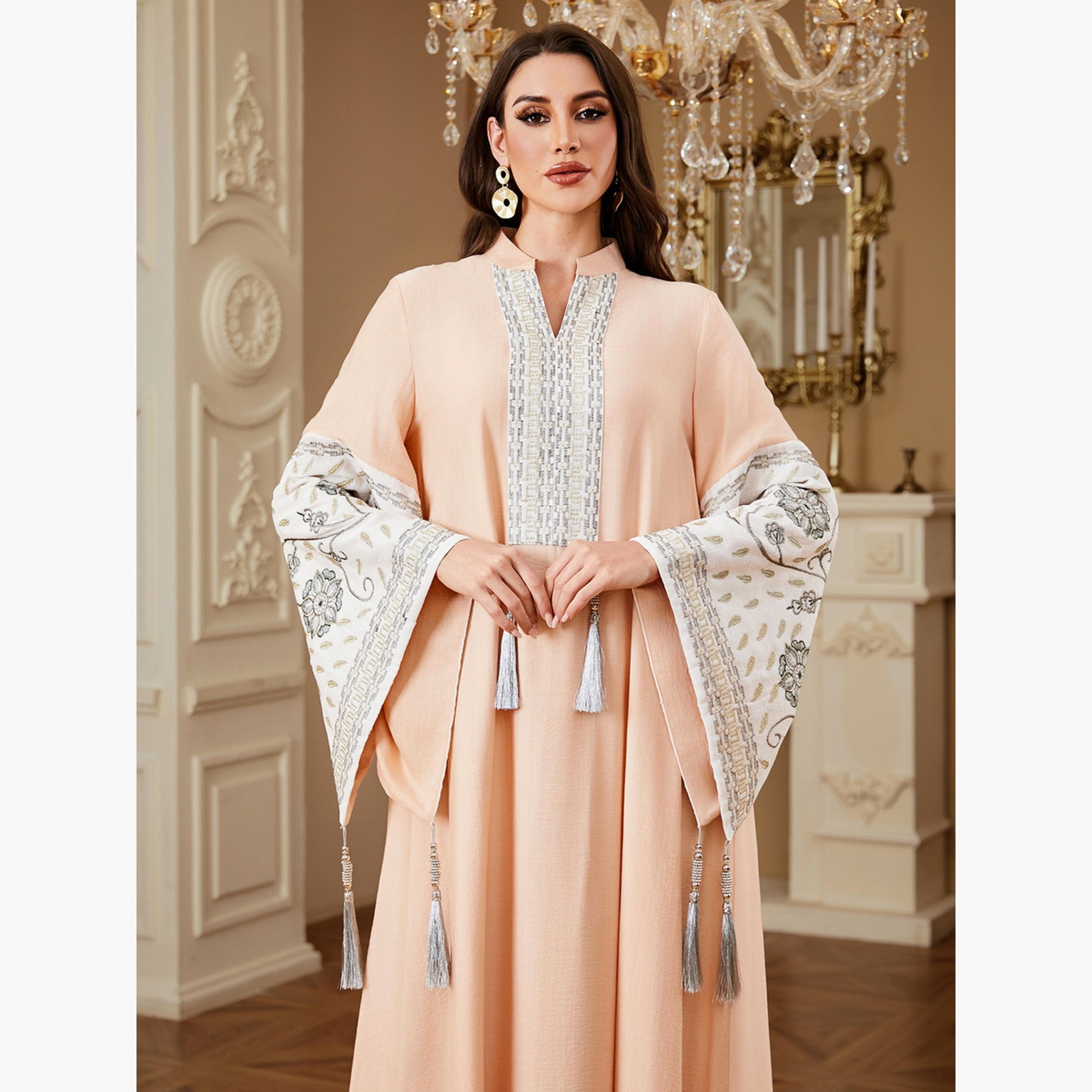 جلابية مطرزة بتفاصيل شرابات متدلية-women-arabicclothing-jalabiyas-image-5