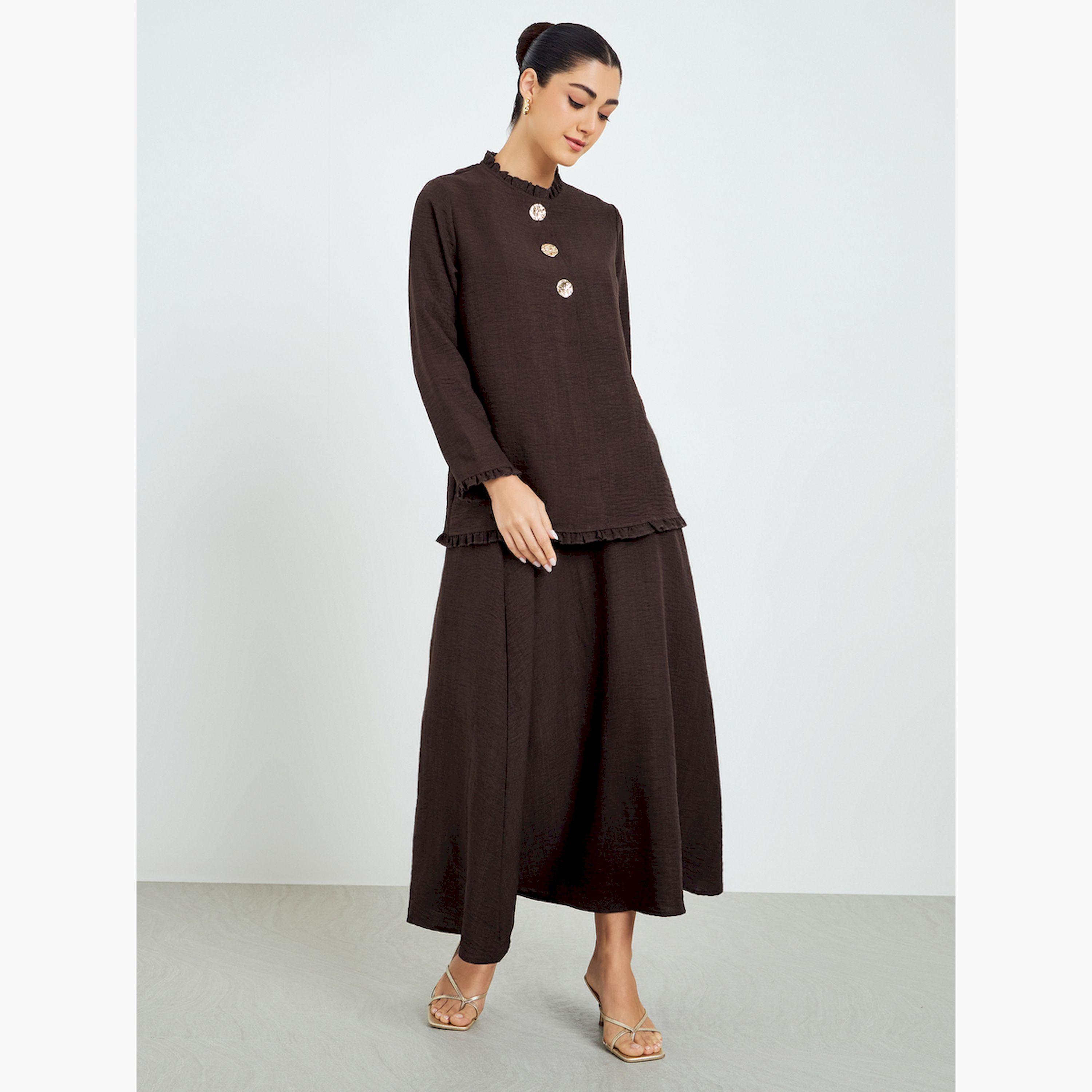 Styli Brown Ruffled Neck Top and Skirt Modest Set-women-arabicclothing-sets-image-1
