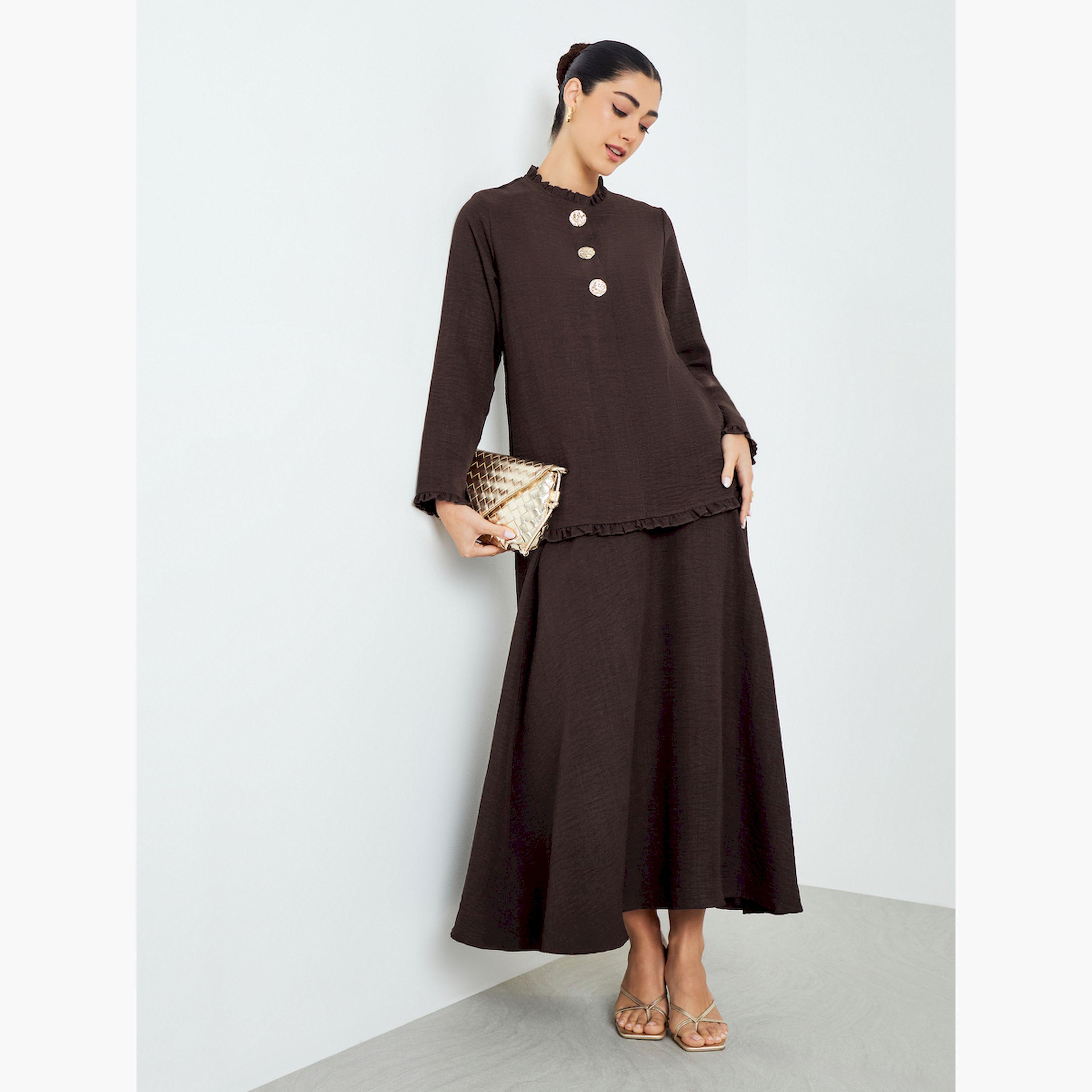 Styli Brown Ruffled Neck Top and Skirt Modest Set-women-arabicclothing-sets-image-2