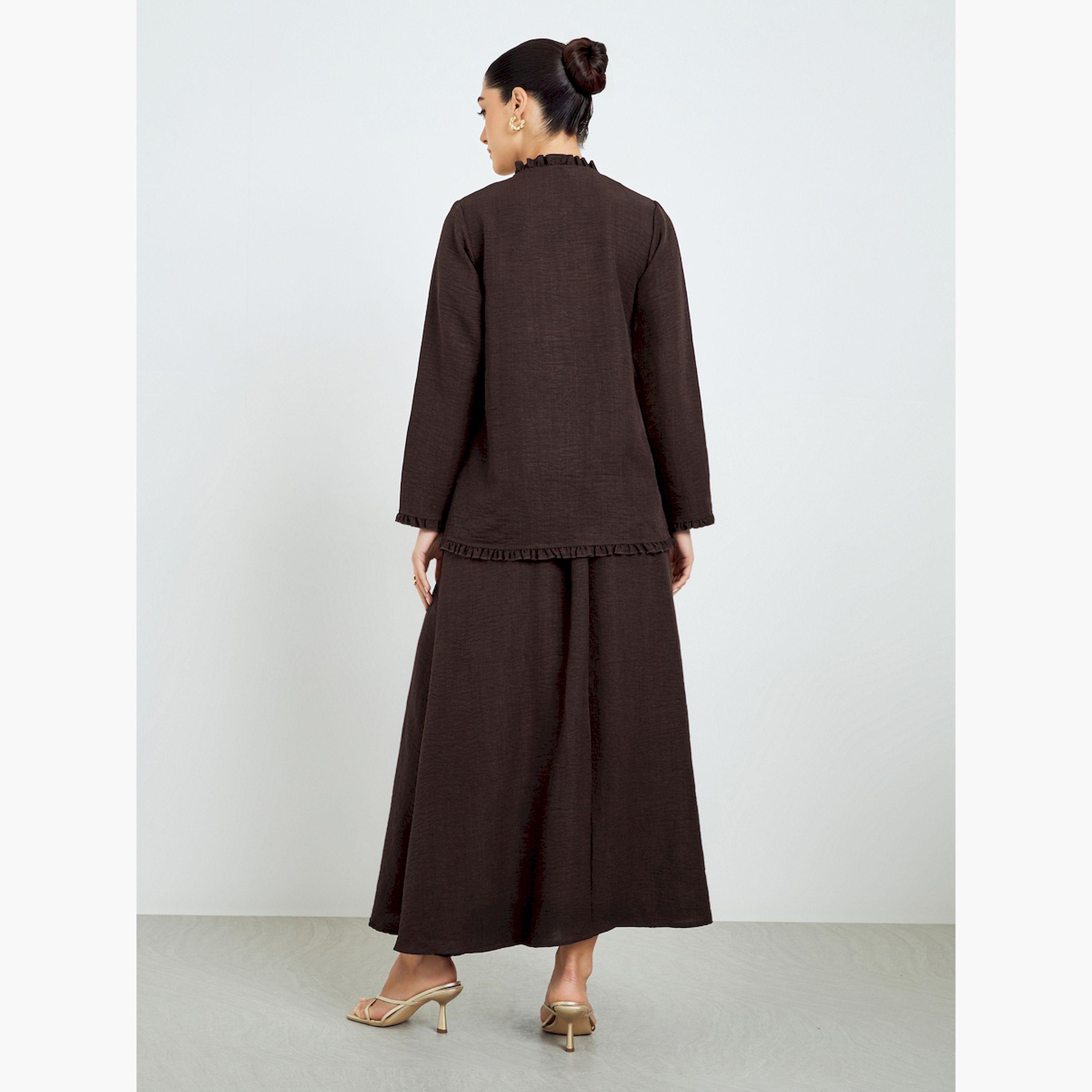 Styli Brown Ruffled Neck Top and Skirt Modest Set-women-arabicclothing-sets-image-4