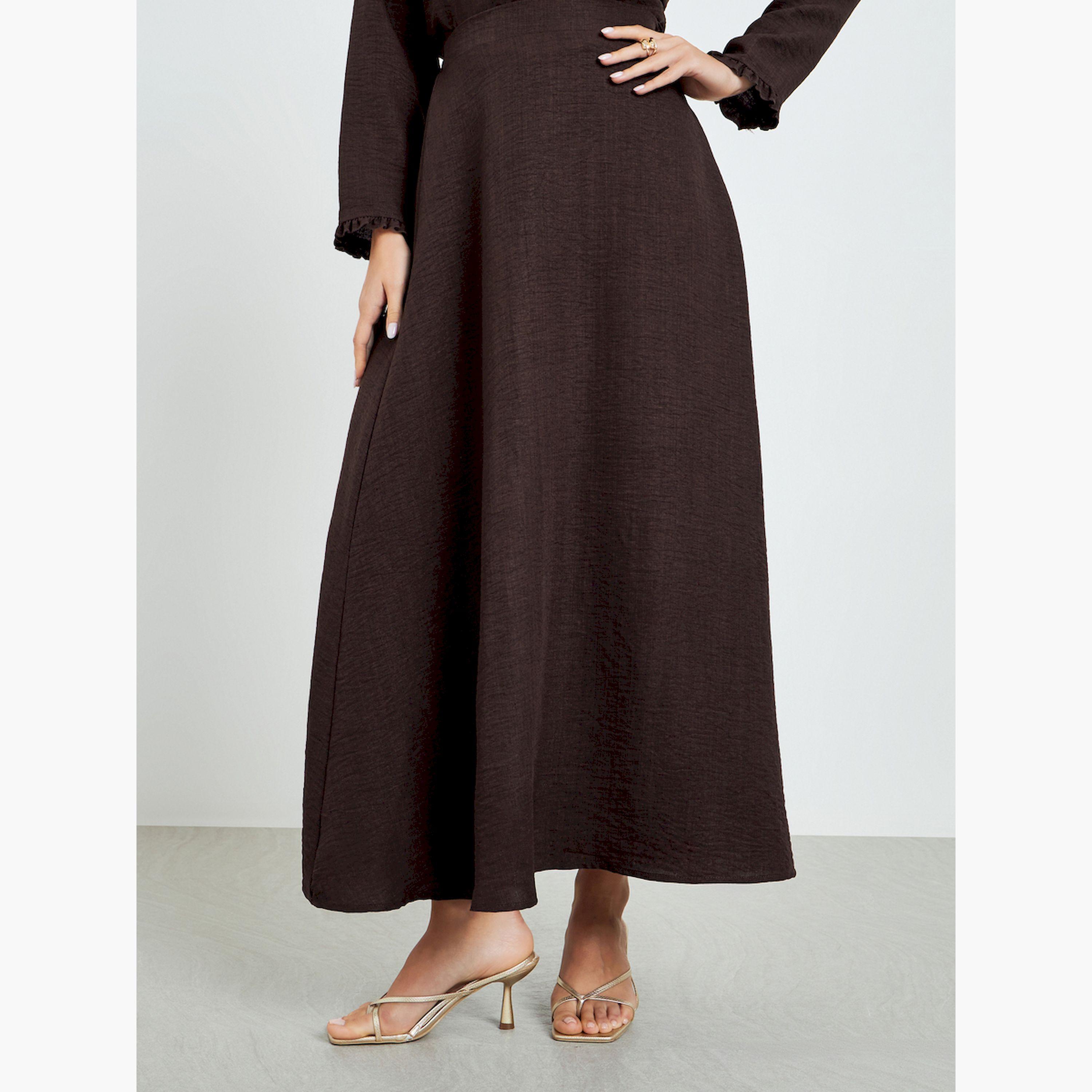Styli Brown Ruffled Neck Top and Skirt Modest Set-women-arabicclothing-sets-image-5