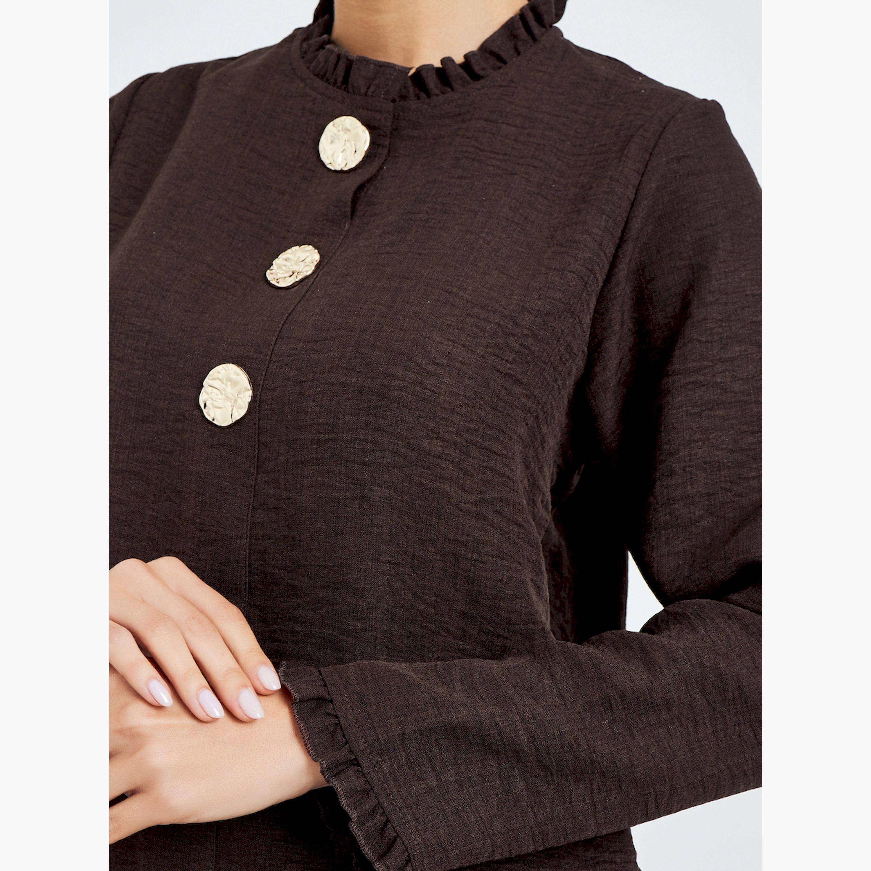 Styli Brown Ruffled Neck Top and Skirt Modest Set-women-arabicclothing-sets-image-6