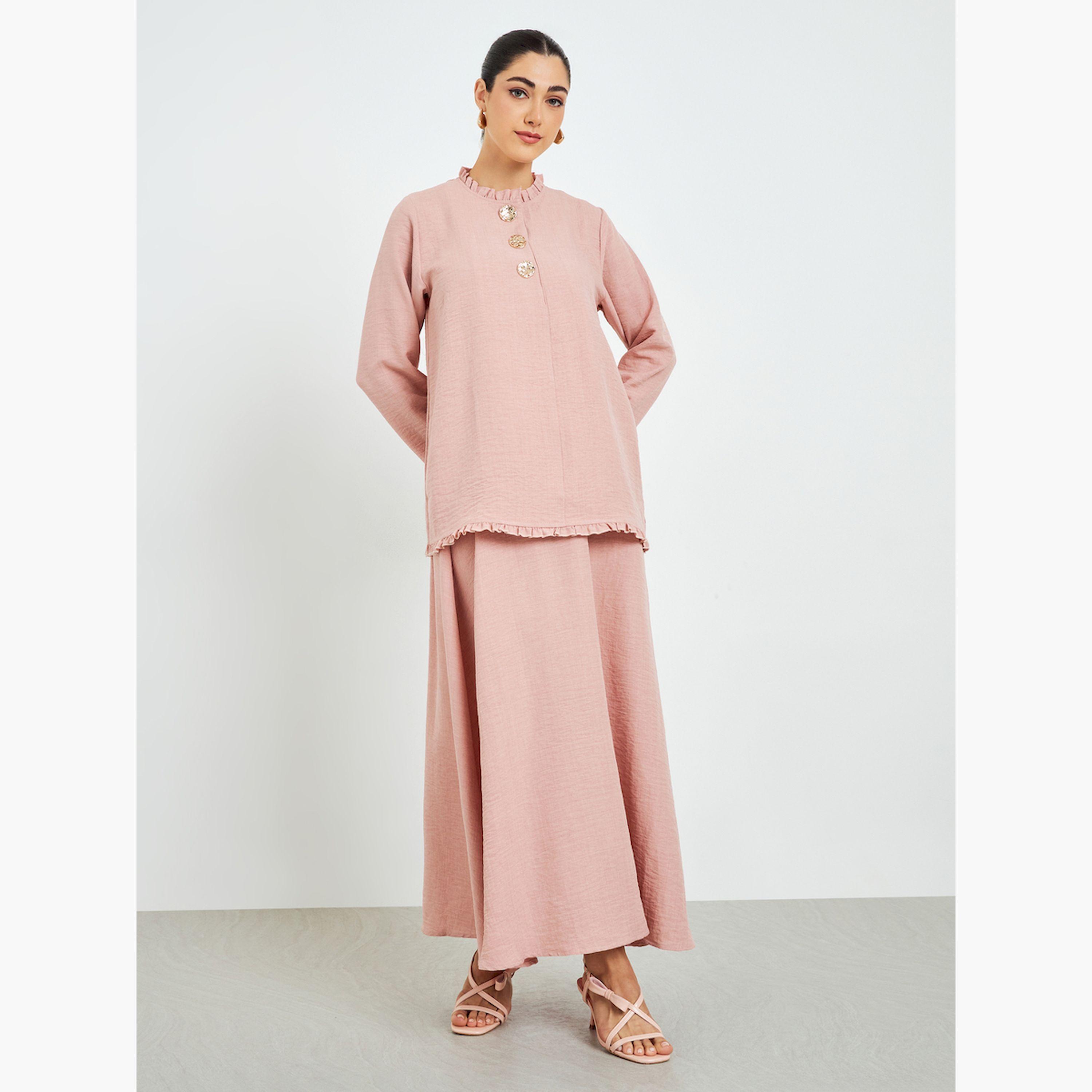 مجموعة محتشمة من تنورة وبلوزة بياقة بكشكش-women-arabicclothing-sets-image-1