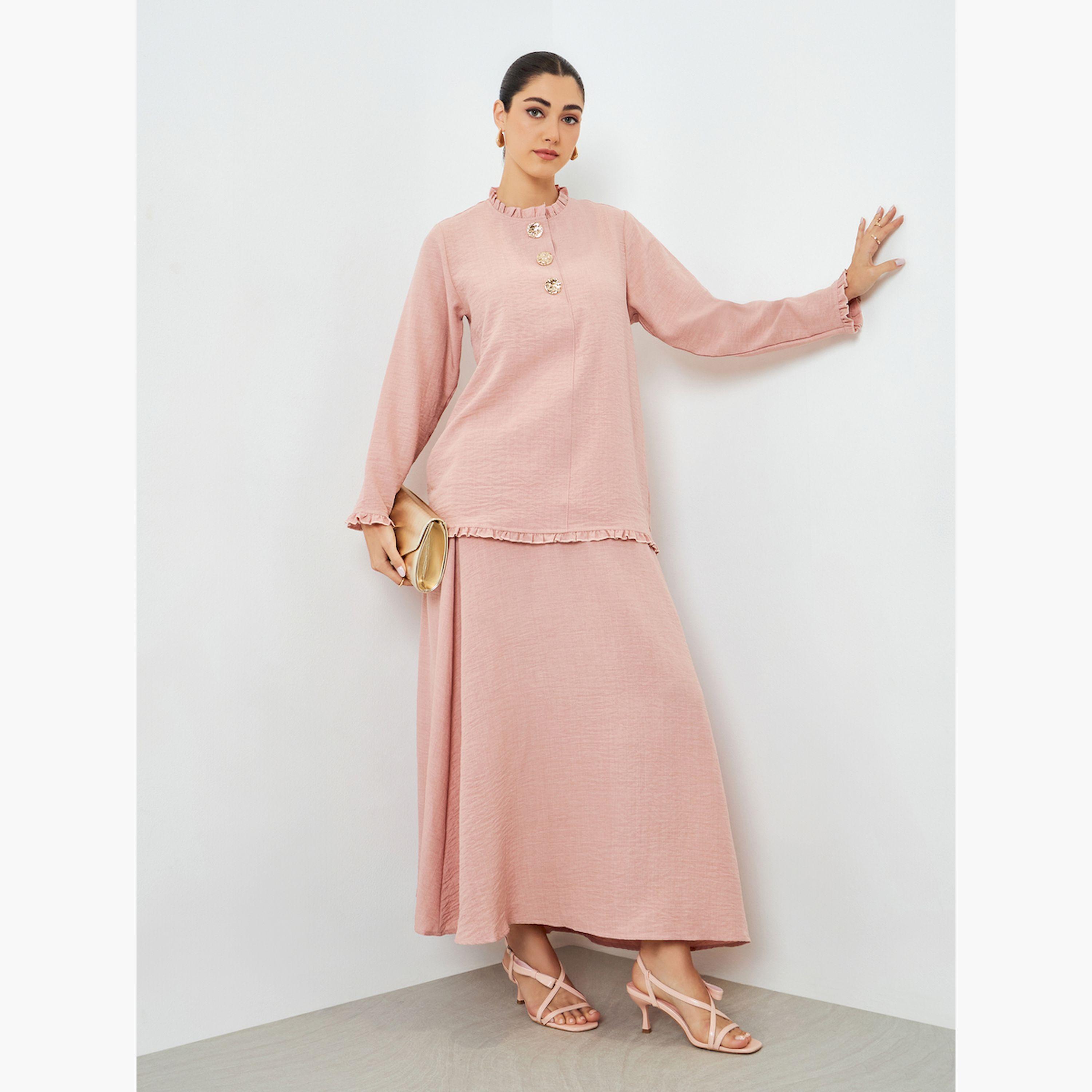 مجموعة محتشمة من تنورة وبلوزة بياقة بكشكش-women-arabicclothing-sets-image-3