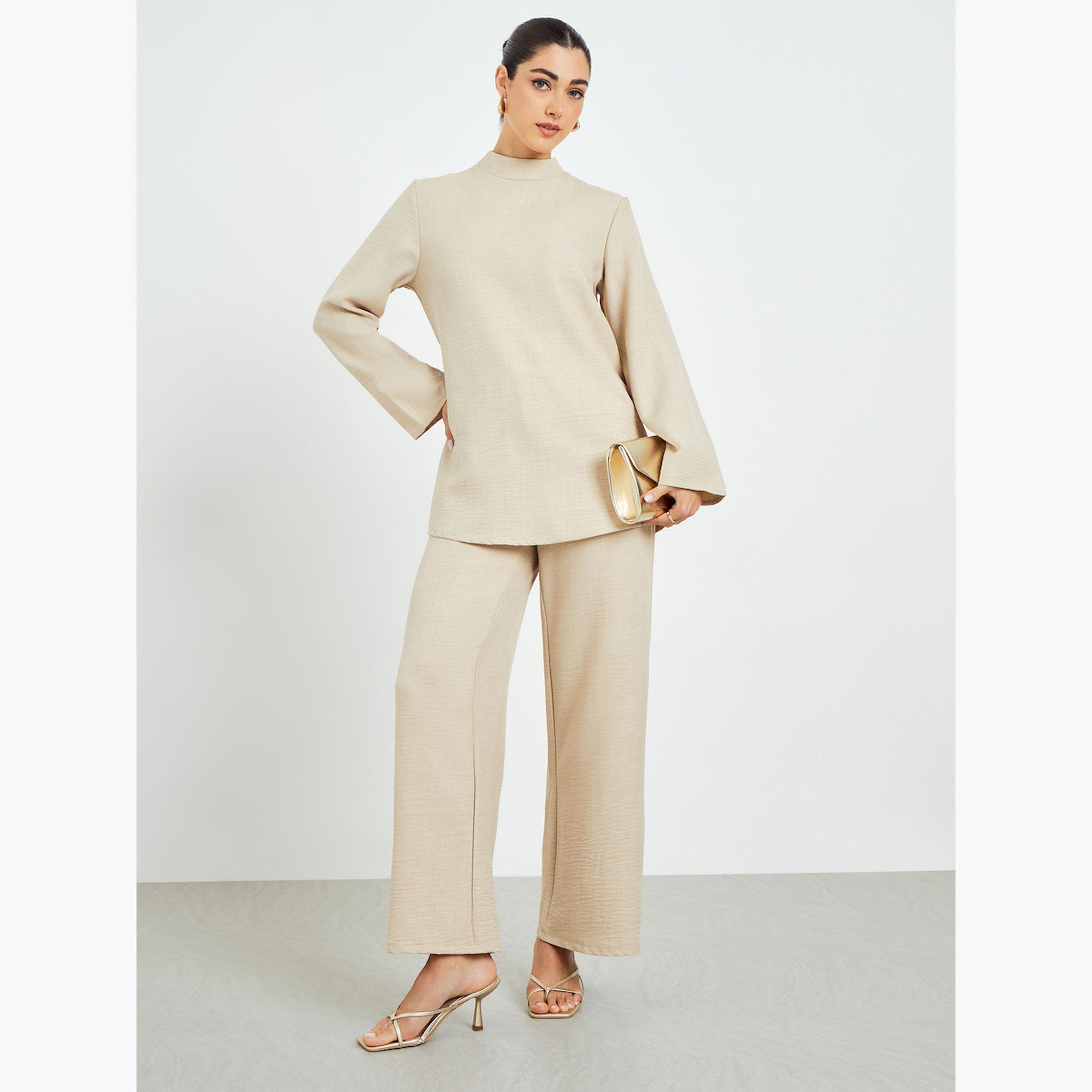 Styli Beige Oversized Top and Wide Leg Pants Modest Set-women-arabicclothing-sets-image-1