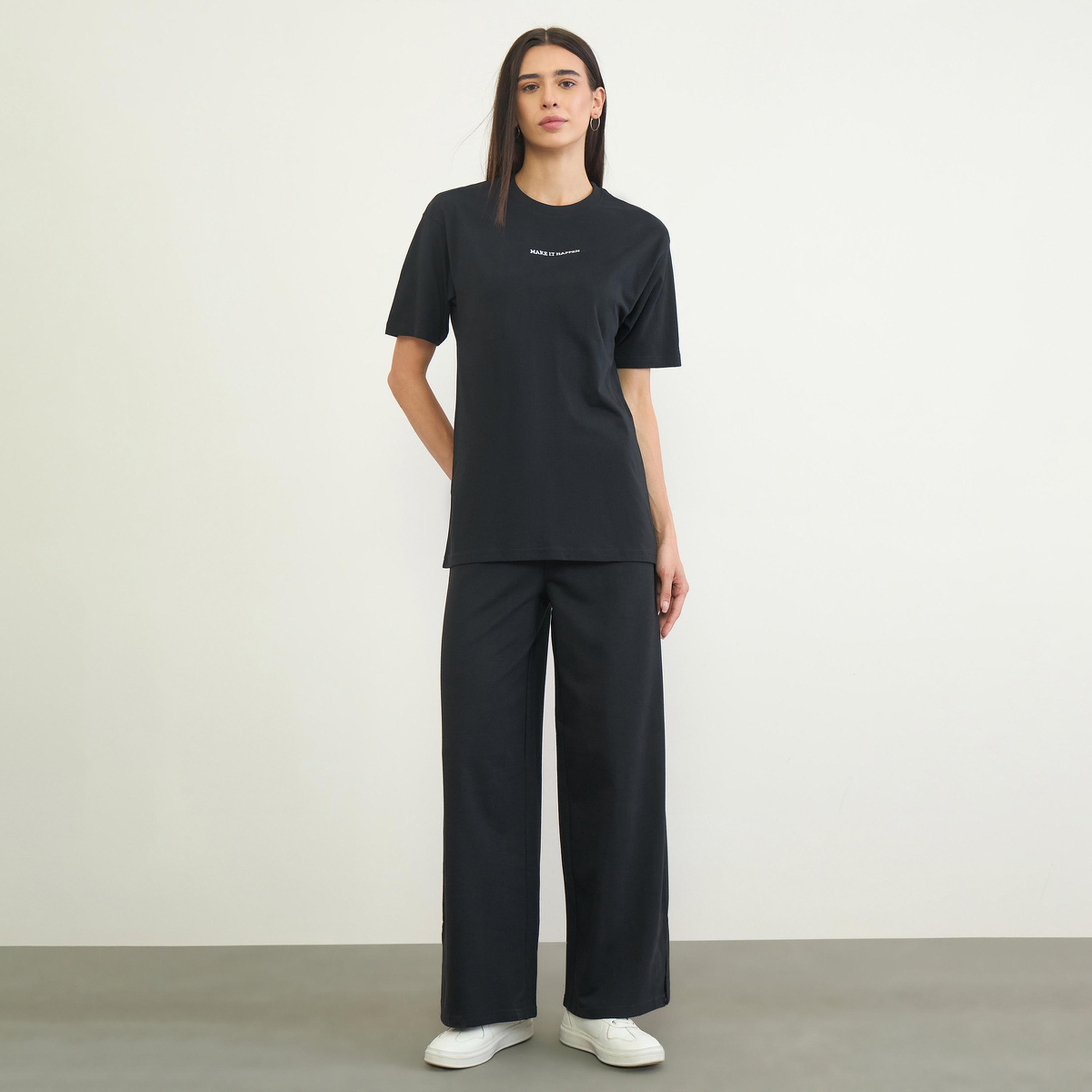 Styli Black Cotton Longline T-Shirt and Pants Set-women-clothing-coordsets-image-1